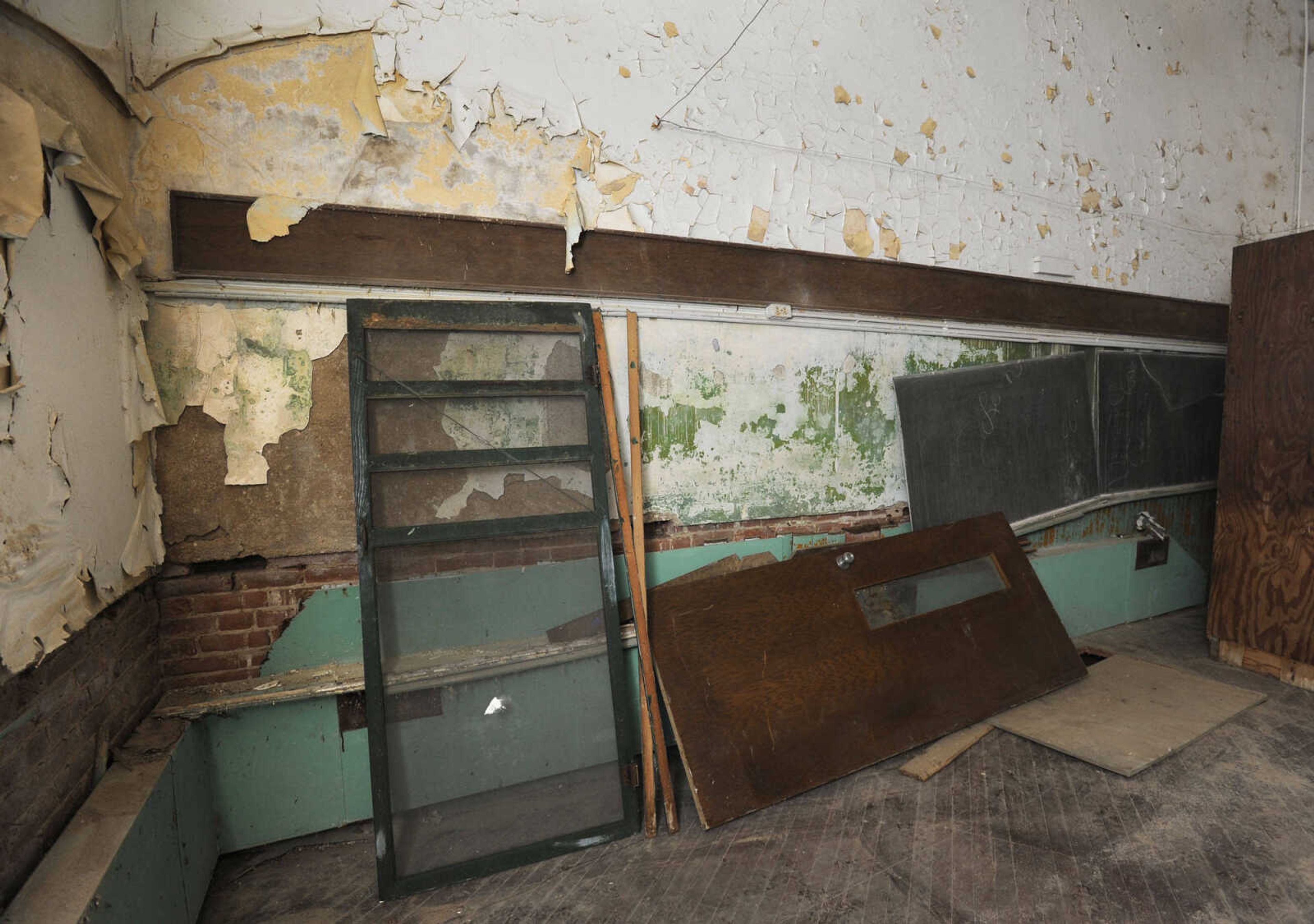 The front of the classroom area in the old Kage School is seen Monday, March 24, 2014 in Cape Girardeau.