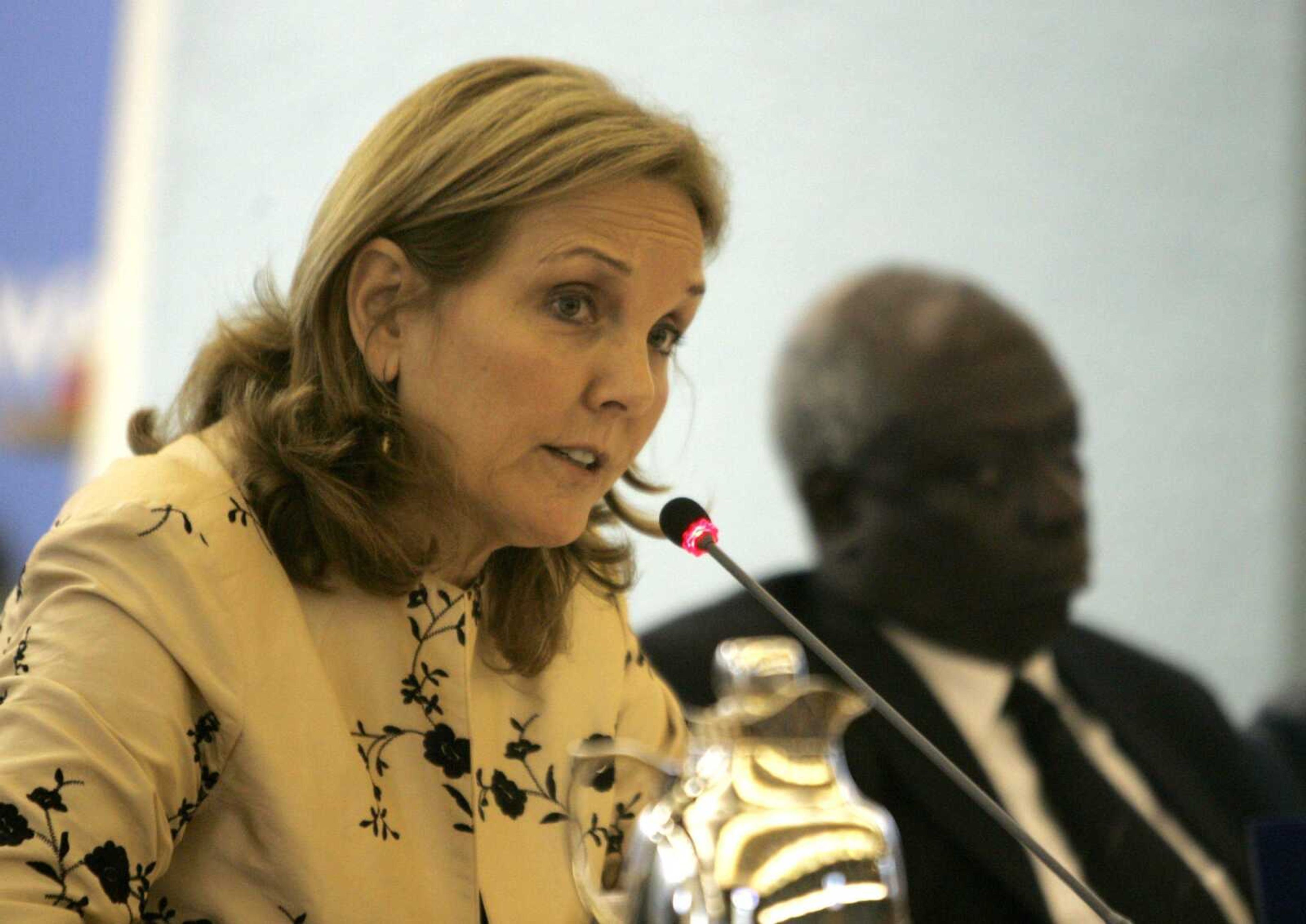 Executive Director of the United Nations World Food Programme (WFP) Josette Sheeran, left, delivers her address as Food and Agriculture Organization (FAO) general director Jacques Diouf listens, at the United Nations' Food and Agriculture Organization (FAO) headquarters Rome, Wednesday, Oct. 14, 2009, during the presentation of the State of Food Insecurity report for 2009. Even before the economic crisis pushed the ranks of the world's hungry to a record 1 billion, declining aid and investment in agriculture had been steadily increasing the number of undernourished people for more than a decade, FAO said Wednesday. Unless these trends are reversed, ambitious goals set by the international community to slash the number of hungry people by 2015 will not be met, the Organization warned in a report. (AP Photo/Riccardo De Luca)