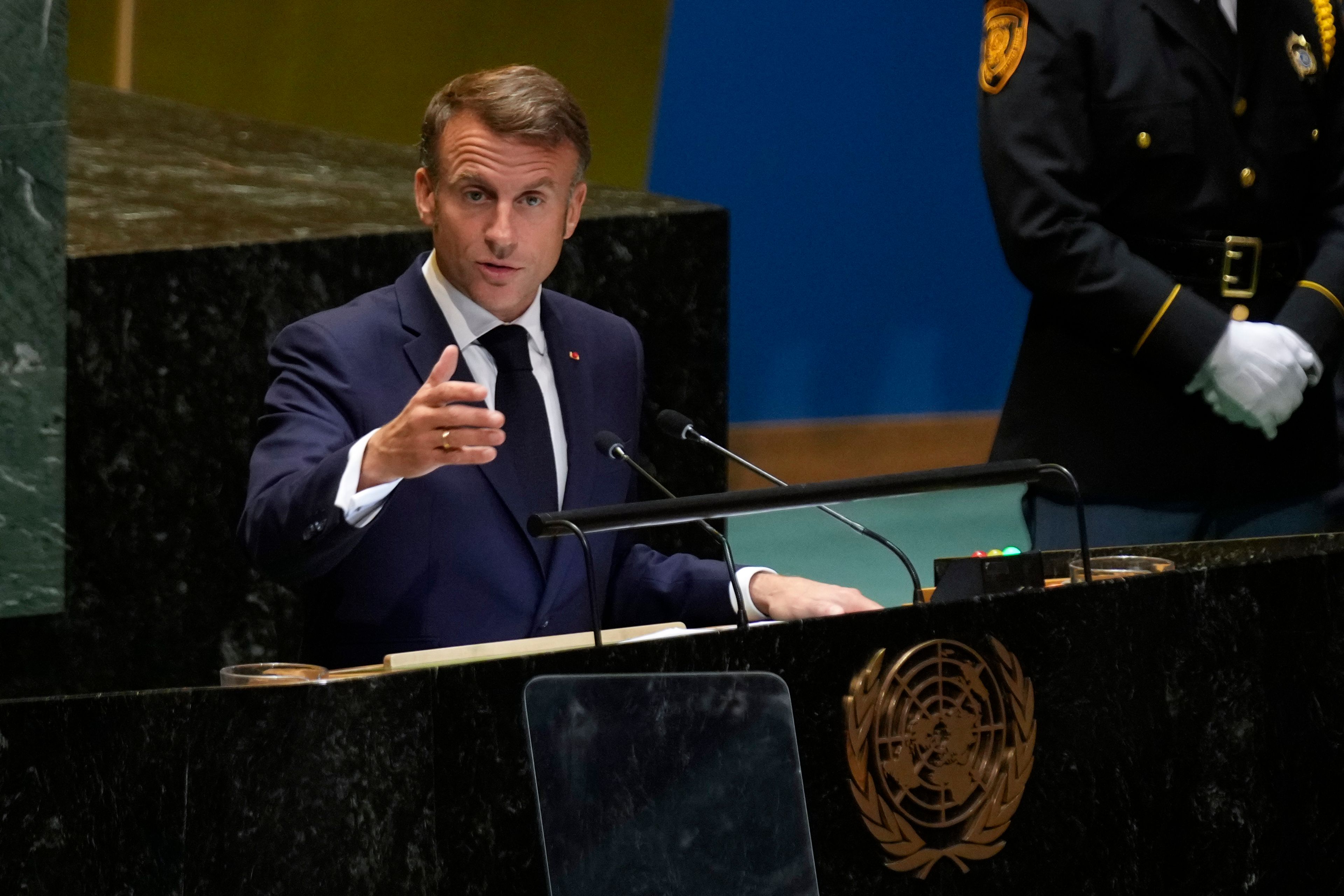 France's President Emmanuel Macron addresses the 79th session of the United Nations General Assembly at United Nations headquarters, Wednesday, Sept. 25, 2024. (AP Photo/Seth Wenig)