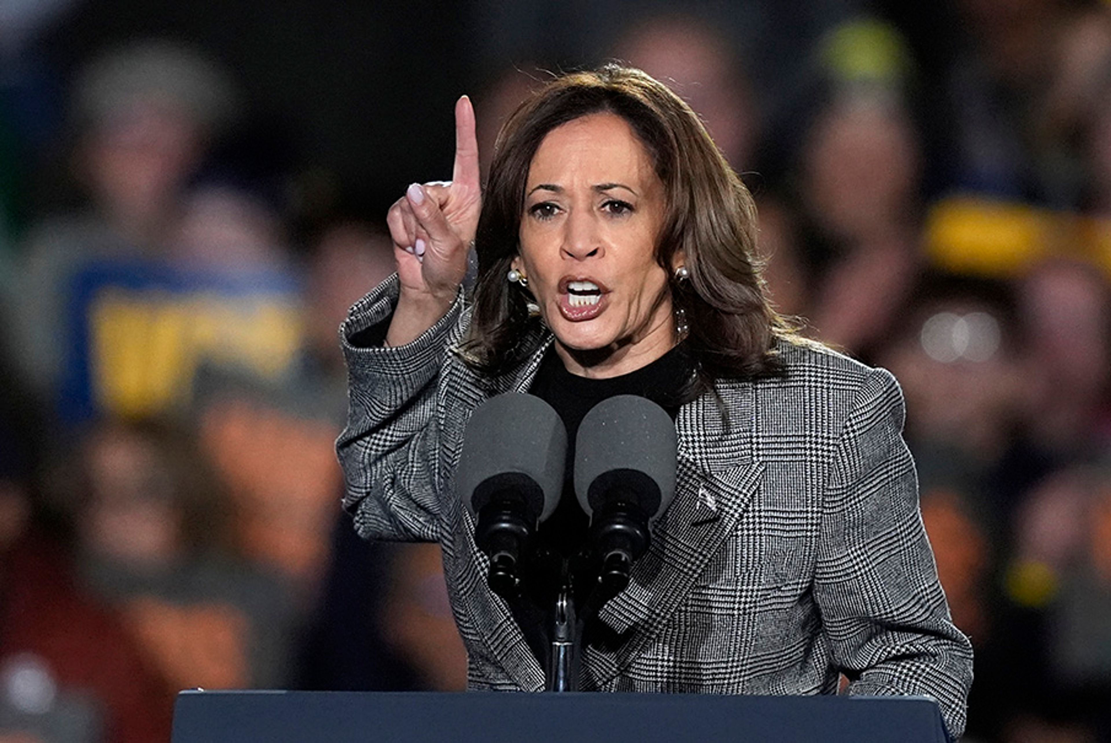 Democratic presidential nominee Vice President Kamala Harris speaks during a campaign rally at Burns Park in Ann Arbor, Mich., Monday, Oct. 28, 2024.