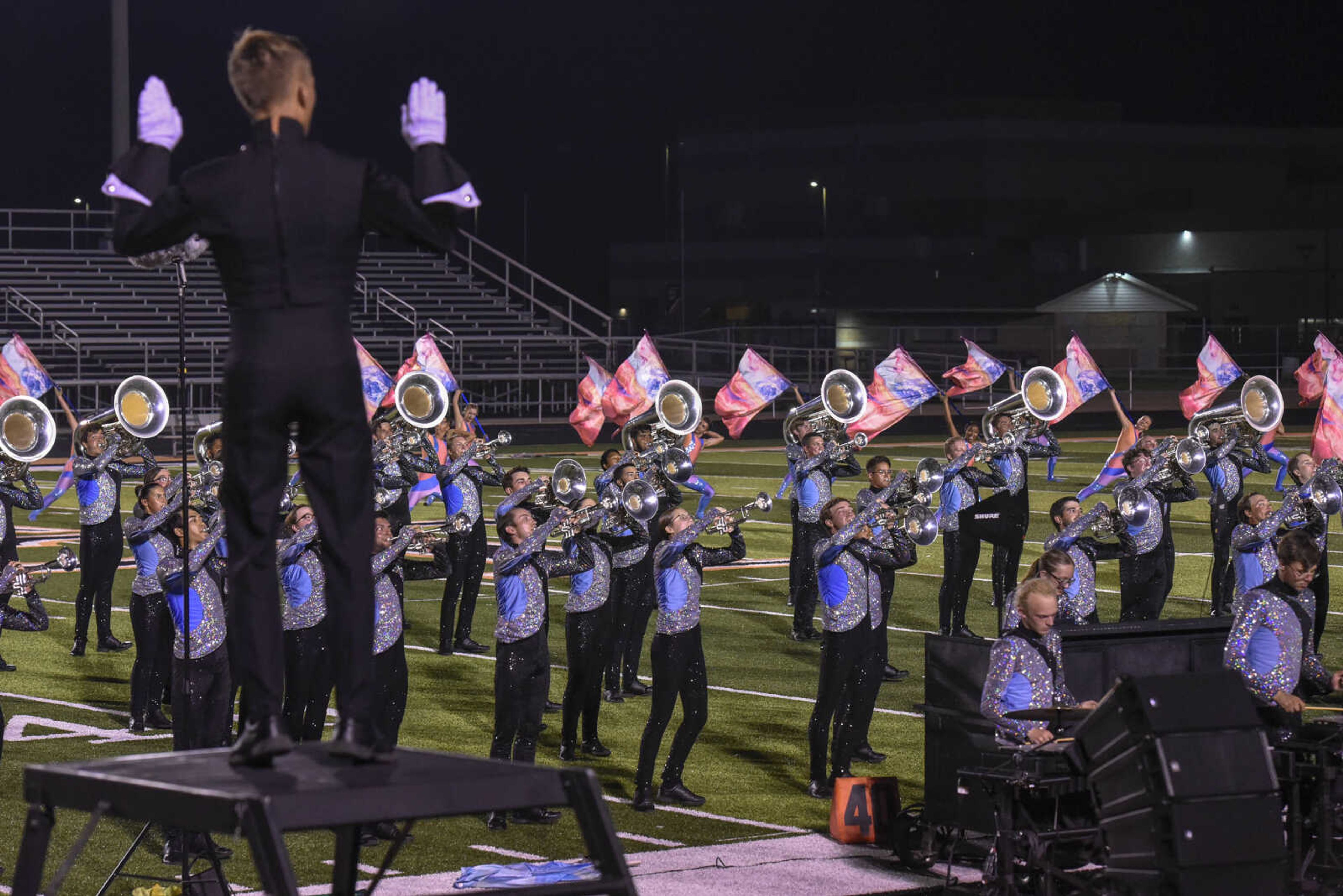 Blue Knights from Denver, Colorado perform during the Drum Corps International program "Drums Along the Mississippi" at the Cape Central High School field Tuesday Aug. 10, 2021.