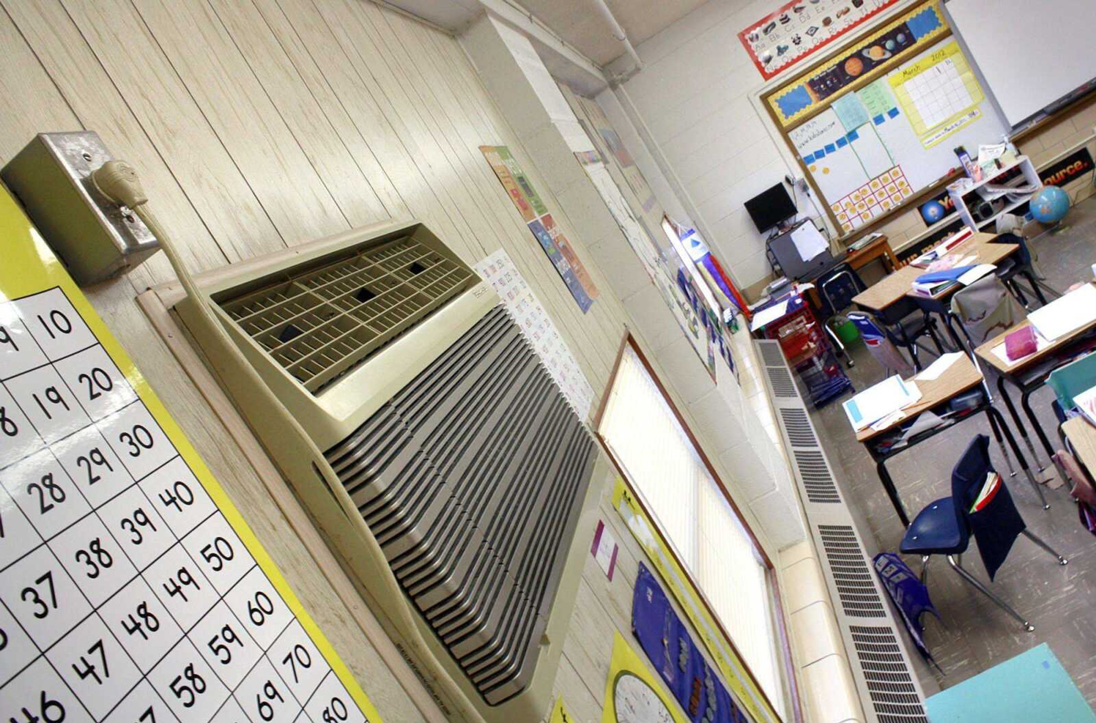 A window air conditioning unit sits inside a classroom at Oak Ridge Elementary School on Friday. (BOB MILLER)