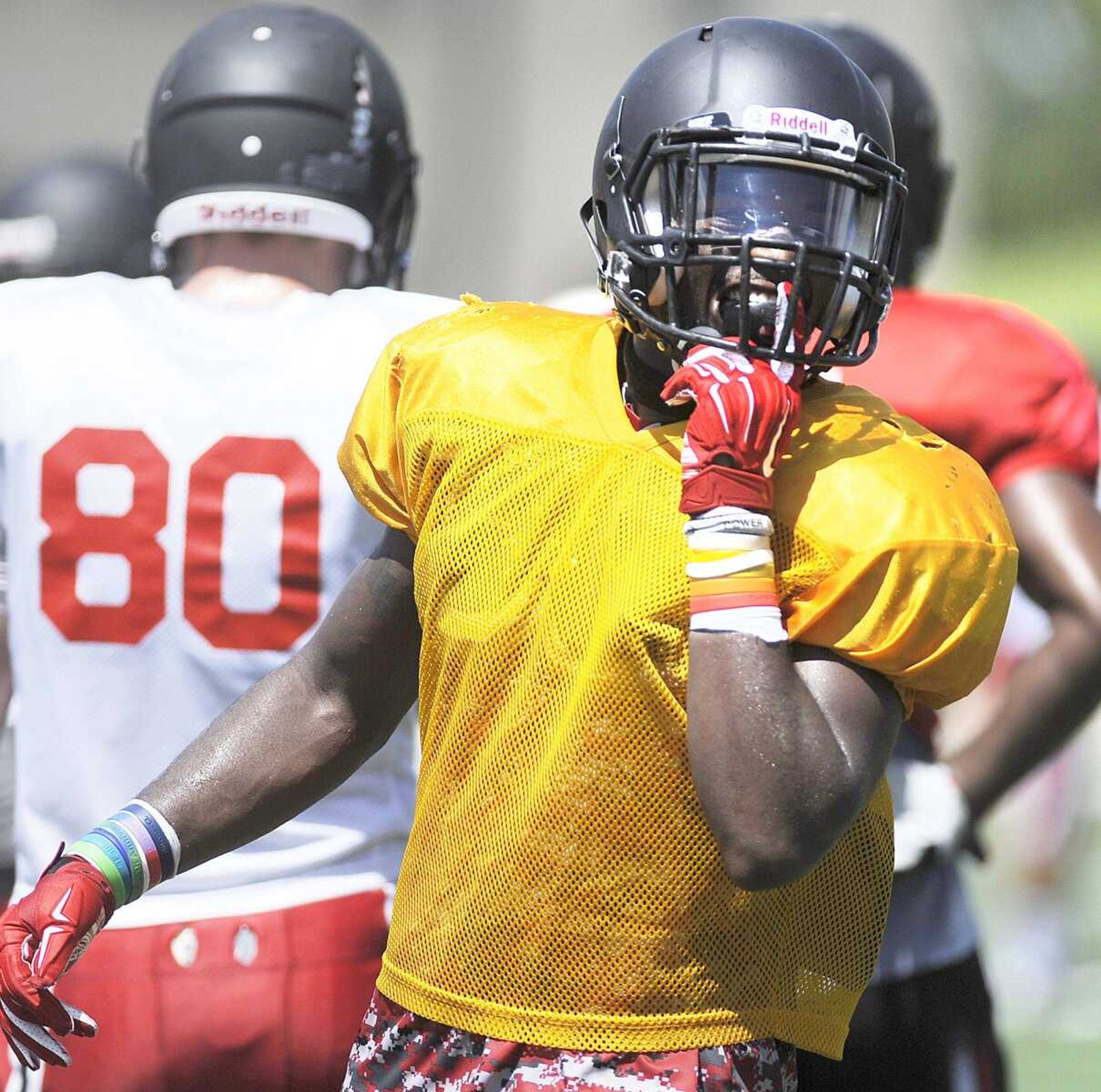 Junior strong safety Eriq Moore, who played  in all 12 games for the Redhawks last season, reacts during Tuesday's practice at Houck Stadium.