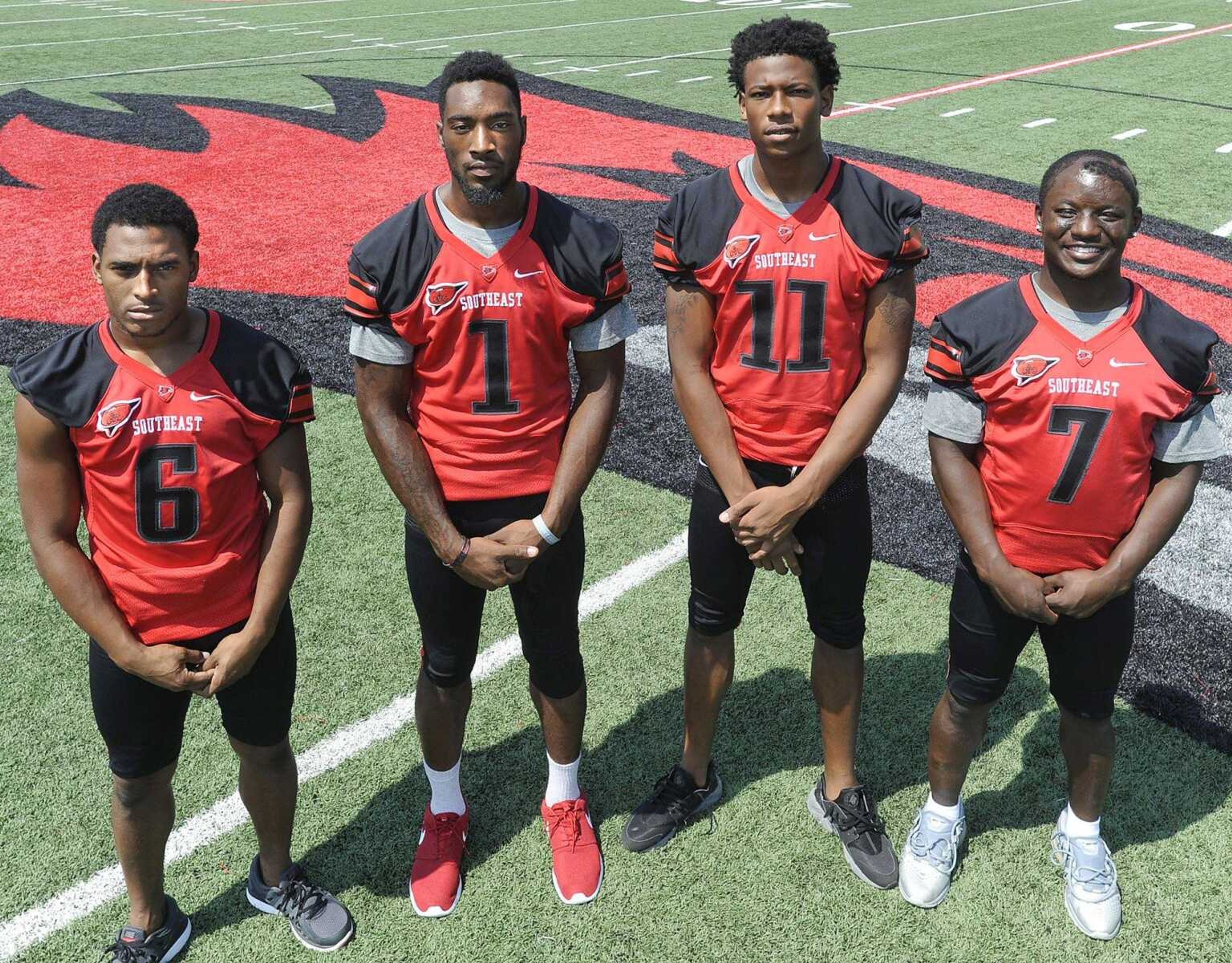 From left to right, wide receivers Darrius Darden-Box, Paul McRoberts, Adrian Davis and Peter Lloyd. (Fred Lynch)