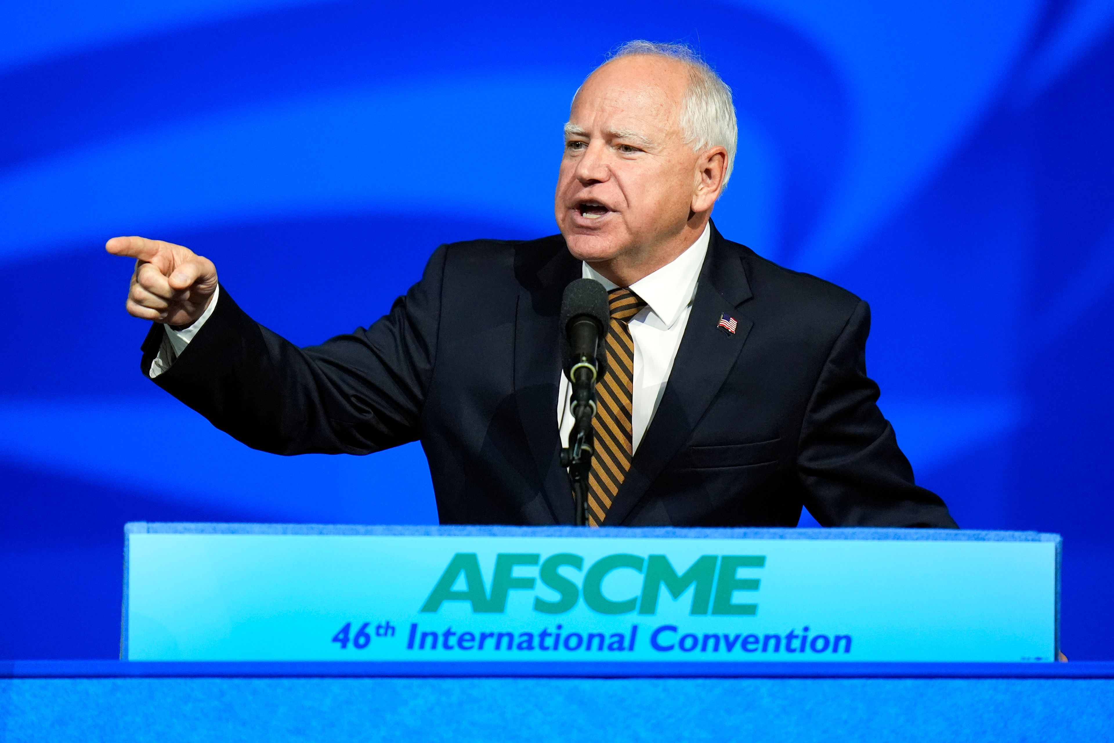 Democratic vice presidential nominee Minnesota Gov. Tim Walz speaks at the American Federation of State, County and Municipal Employees (AFSCME) Convention in Los Angeles, Tuesday, Aug. 13, 2024. (AP Photo/Jae C. Hong)