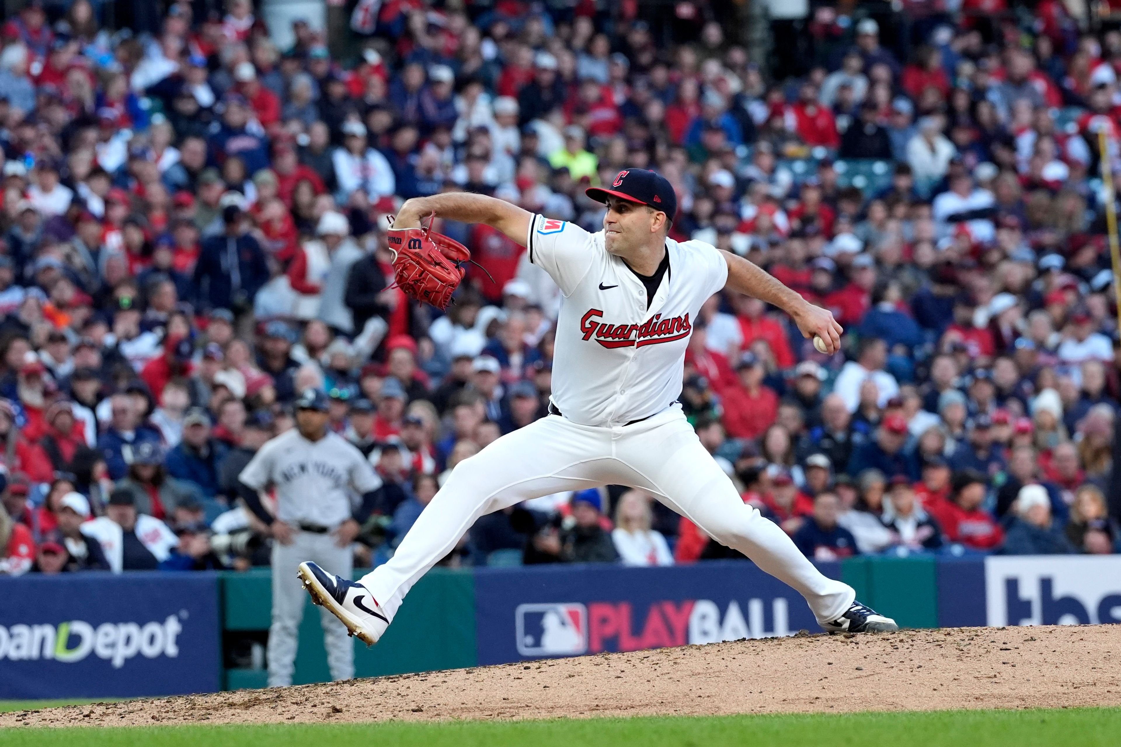 Cleveland Guardians starting pitcher Matthew Boyd throws against the New York Yankees during the fourth inning in Game 3 of the baseball AL Championship Series Thursday, Oct. 17, 2024, in Cleveland.(AP Photo/Godofredo Vásquez )