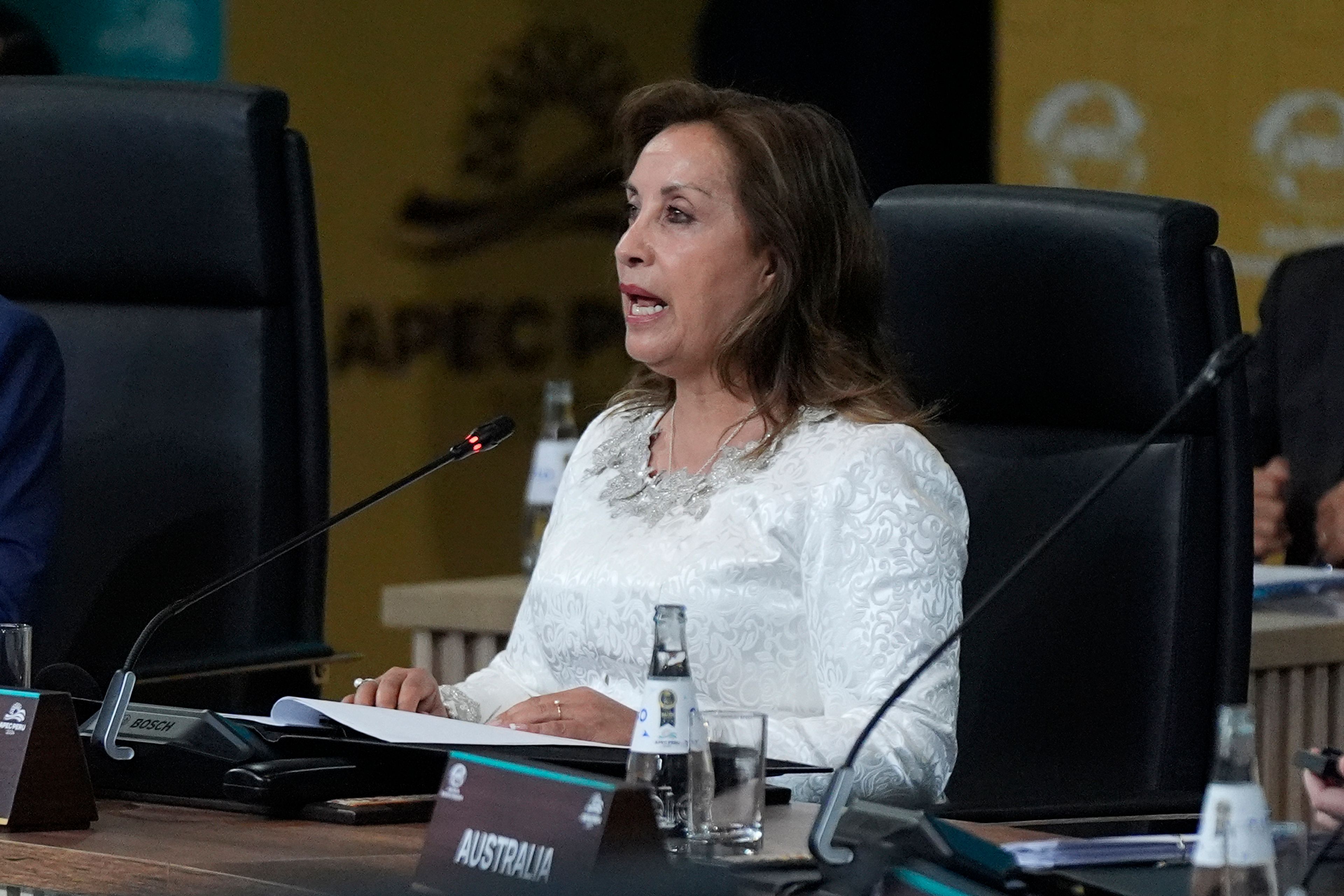 President of Peru Dina Boluarte speaks during the APEC Leaders' Informal Dialogue at the APEC Summit in Lima, Peru, Friday, Nov. 15, 2024. (AP Photo/Manuel Balce Ceneta)