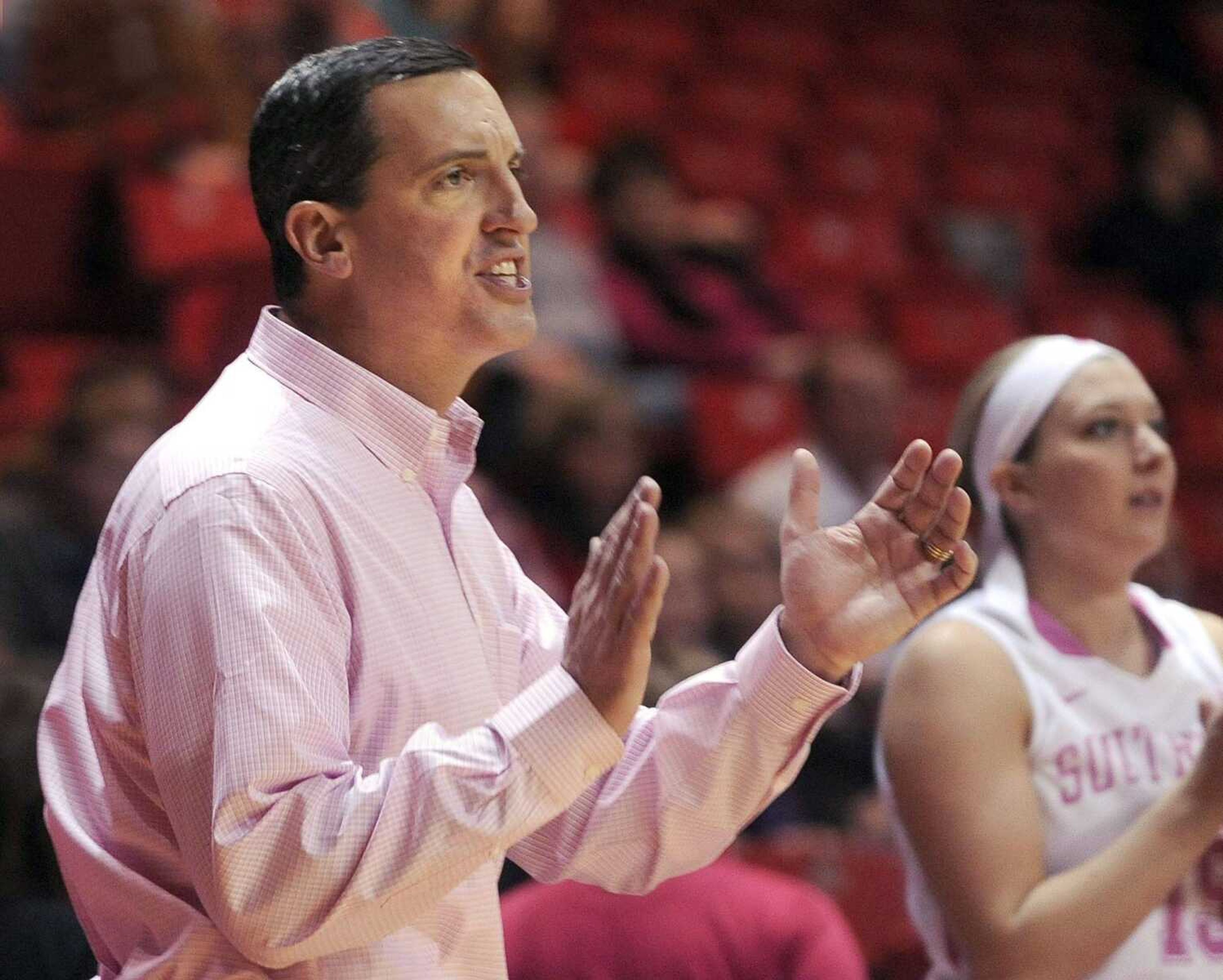 Southeast Missouri State coach Ty Margenthaler reacts to a score against Murray State during the second half Saturday, Feb. 14, 2015 at the Show Me Center. (Fred Lynch)