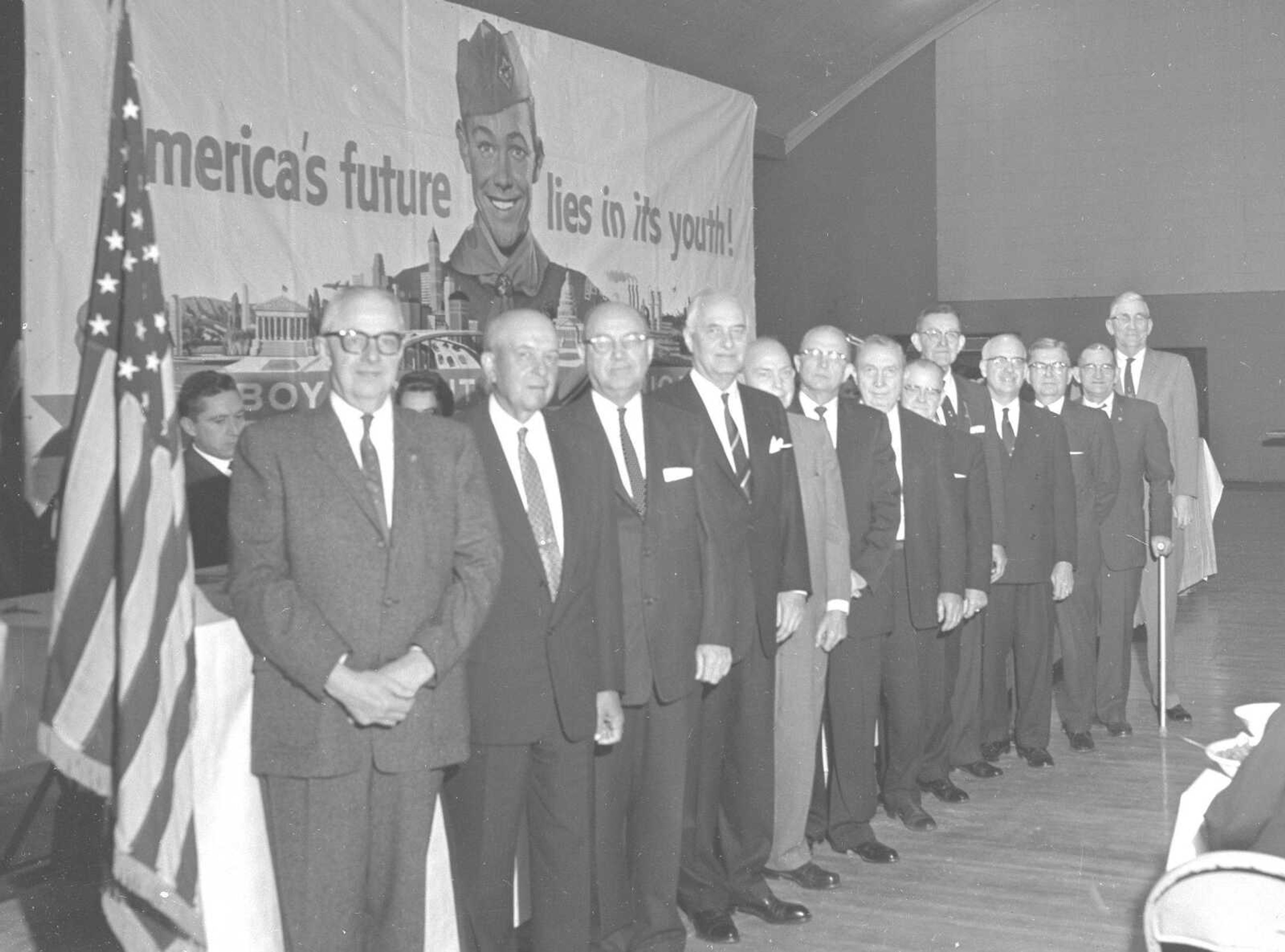 50 years ago: Longtime Boy Scout leaders were honored in 1960 at the Arena Building. They were, from left to right, A.F. Deneke, H.I. Himmelberger, Rush H. Limbaugh, Russell L. Dearmont, president of the Missouri Pacific Railroad, who spoke at the event; Walter Hosea, Lawrence James, Clarence Heuschober, B.E. Montgomery, Professor S.A. Kruse, Dr. R.A. Ritter, Elmer A. Strom, O.C. Mefford and Postmaster T.R. Regenhardt.