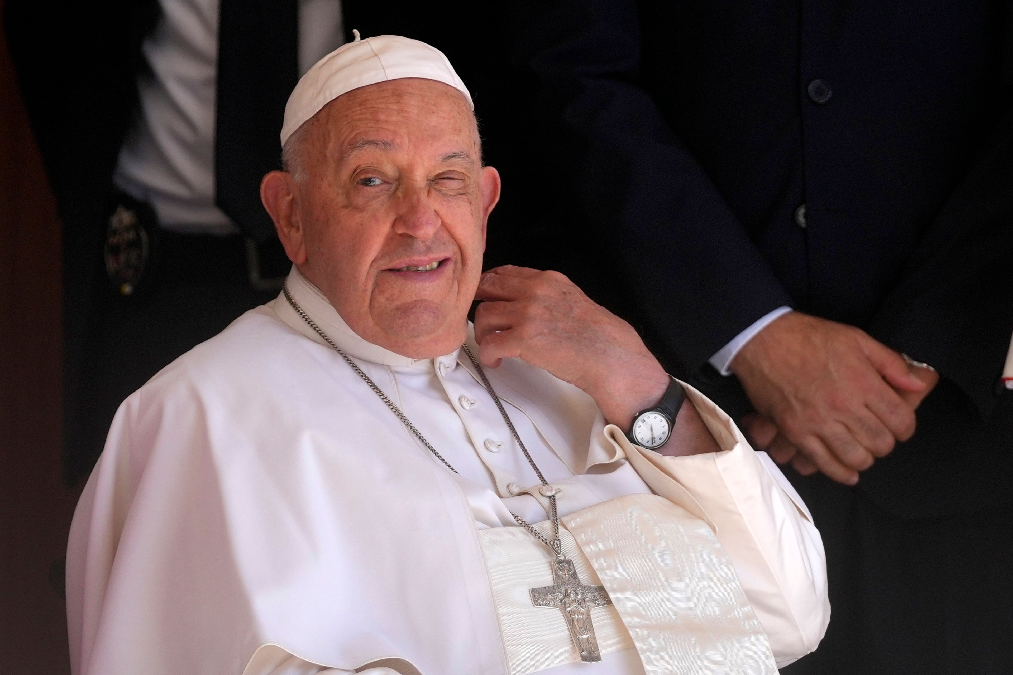 Pope Francis greets people in the Cathedral of the Immaculate Conception in Dili, East Timor, Tuesday, Sept. 10, 2024. (AP Photo/Dita Alangkara)