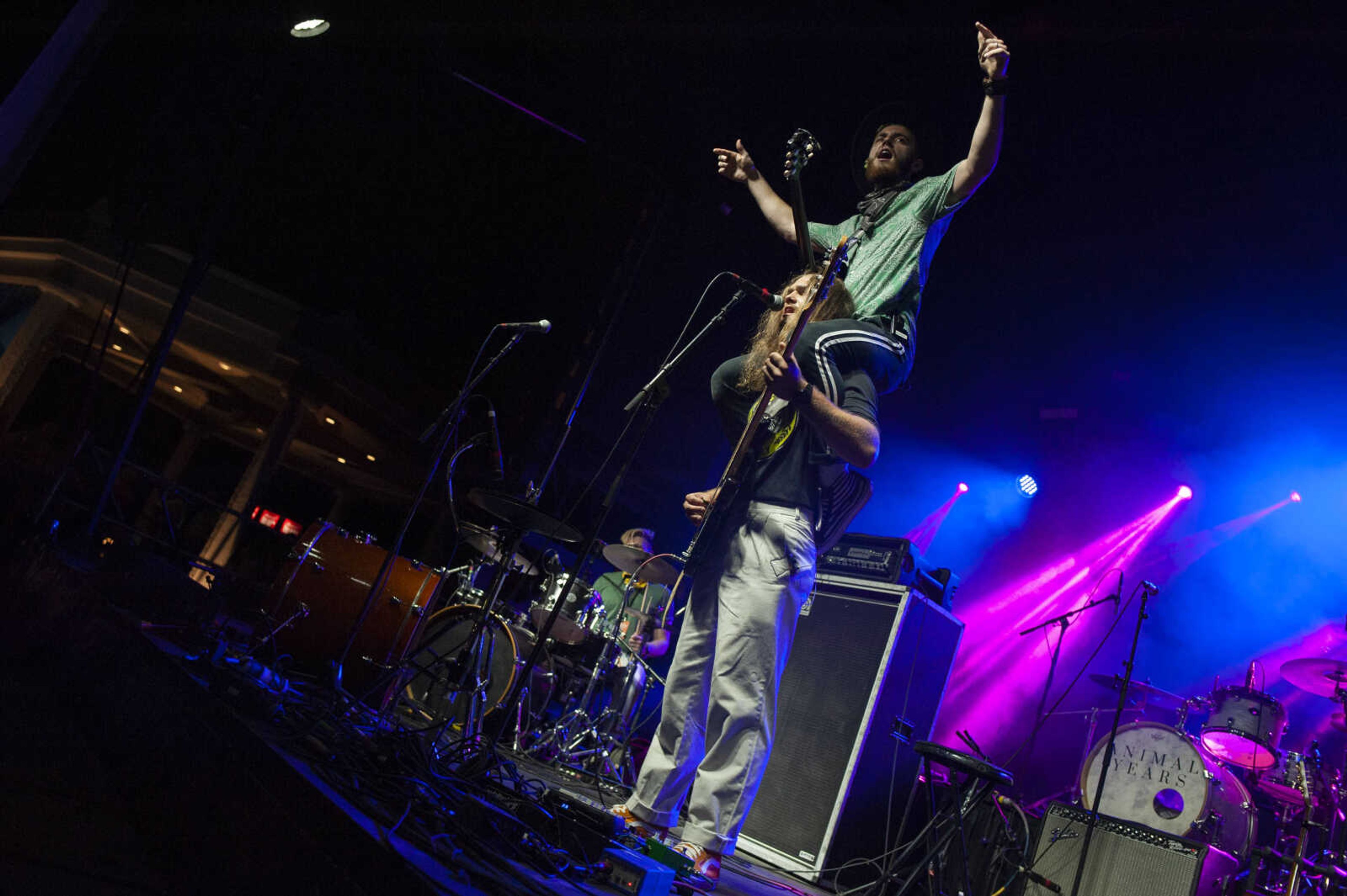 Dawson Hollow's Ben Link sits on the shoulders of his brother, John Link, while the band performs during Shipyard Music and Culture Festival on Friday, Sept. 27, 2019, in Cape Girardeau.