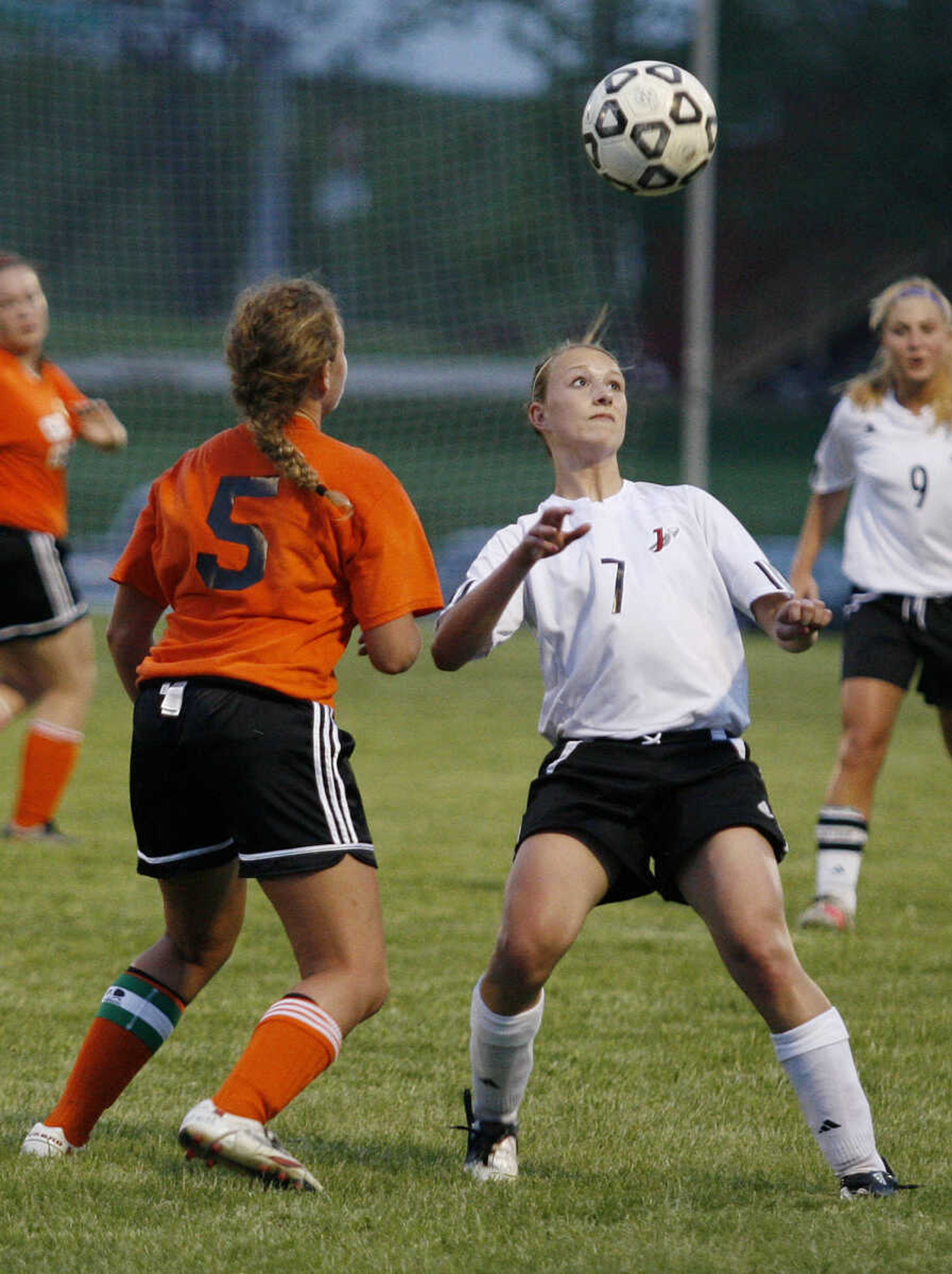 ELIZABETH DODD ~ edodd@semissourian.com
Jackson's Erin Eakens, right, and Central's Sarah Uptmor keep their eye on the ball in the first half May 5 in Jackson.