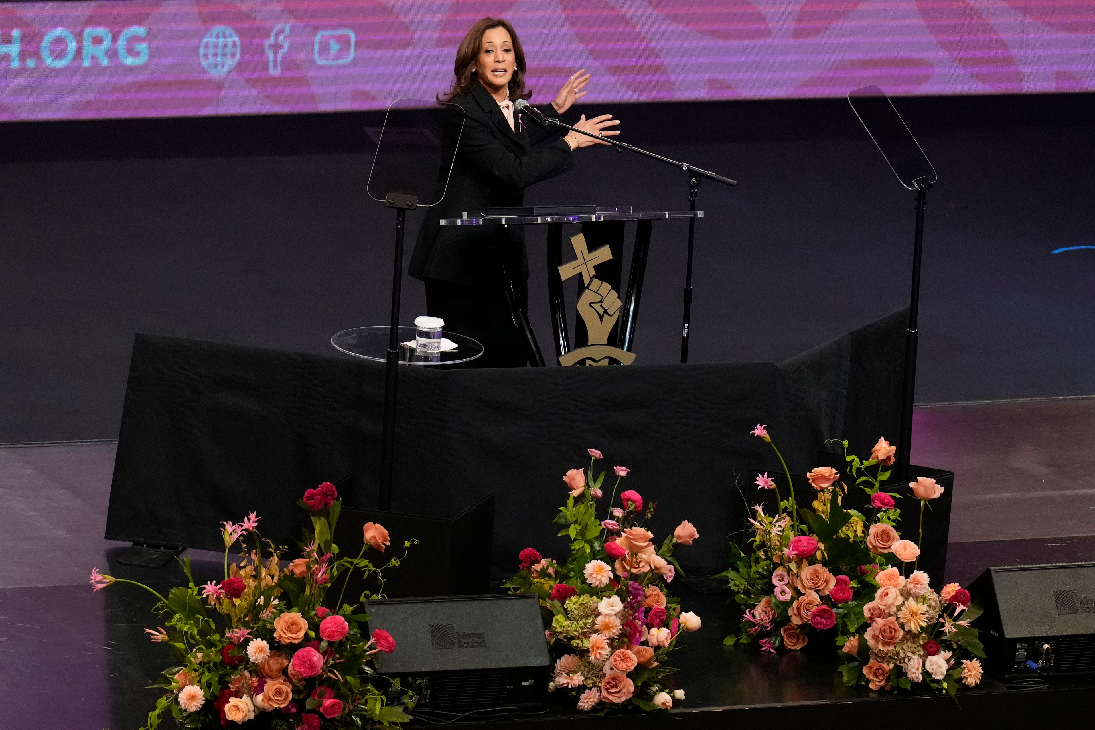 Democratic presidential nominee Vice President Kamala Harris speaks at a church service at New Birth Baptist Church in Stonecrest, Ga., Sunday, Oct. 20, 2024. (AP Photo/Jacquelyn Martin)