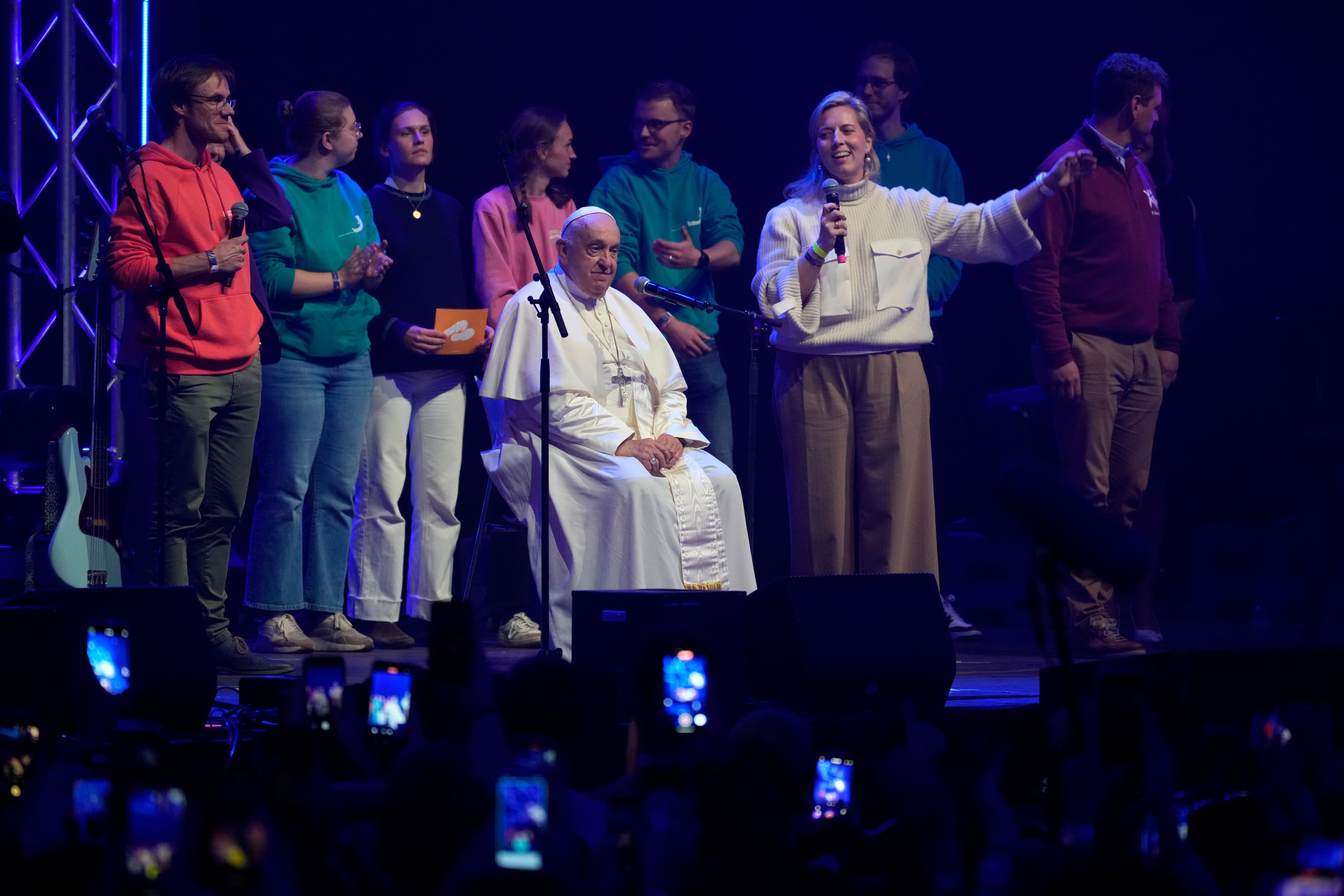 Pope Francis attends the Hope Happening youth festival at the Brussels Expo, Belgium, Saturday, Sept. 28, 2024, on the third day of his four-day visit to Luxembourg and Belgium. (AP Photo/Andrew Medichini)