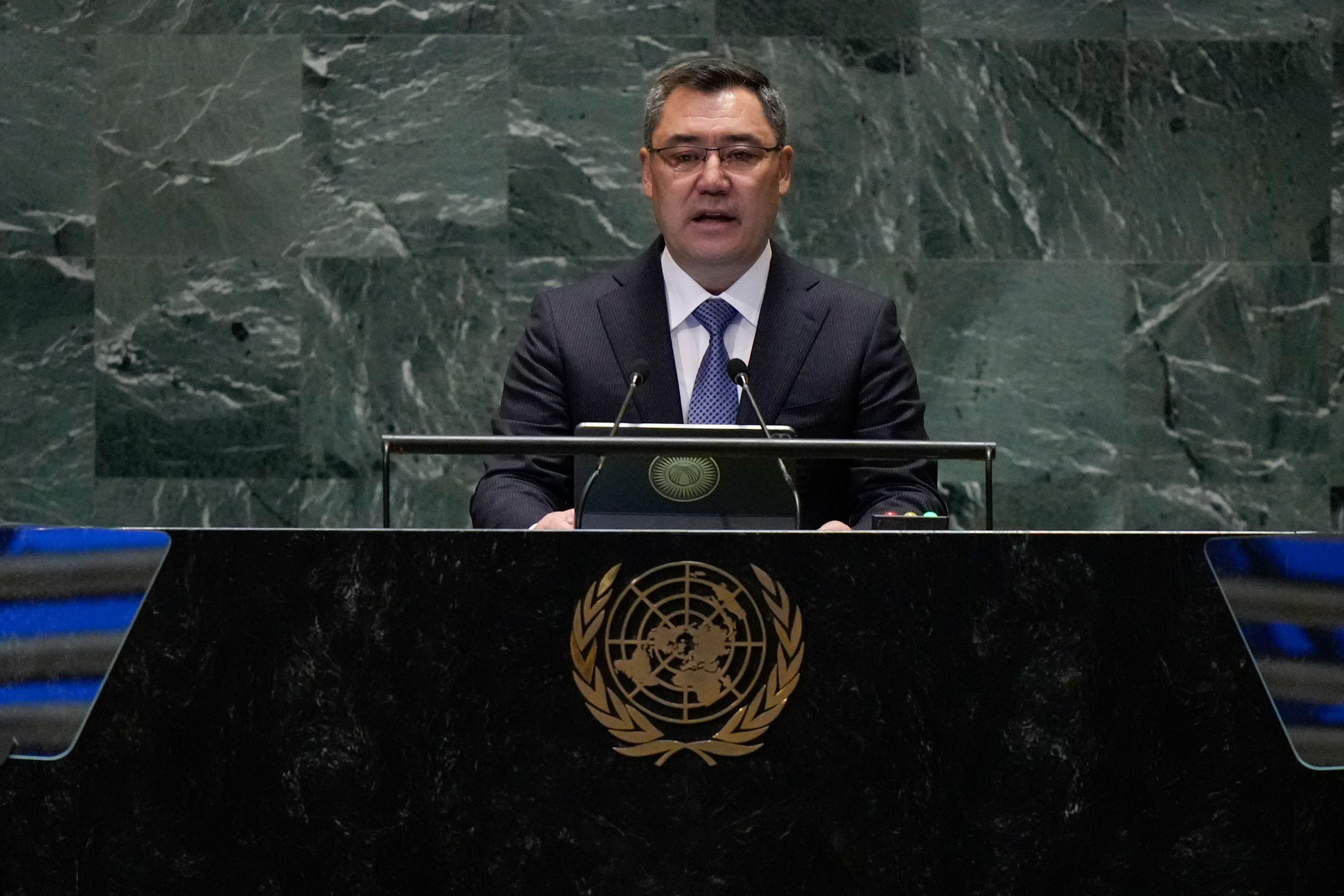 Kyrgyz President Sadyr Japarov speaks to the United Nations General Assembly during the Summit for the Future, Sunday, Sept. 22, 2024 at U.N. headquarters. (AP Photo/Frank Franklin II)