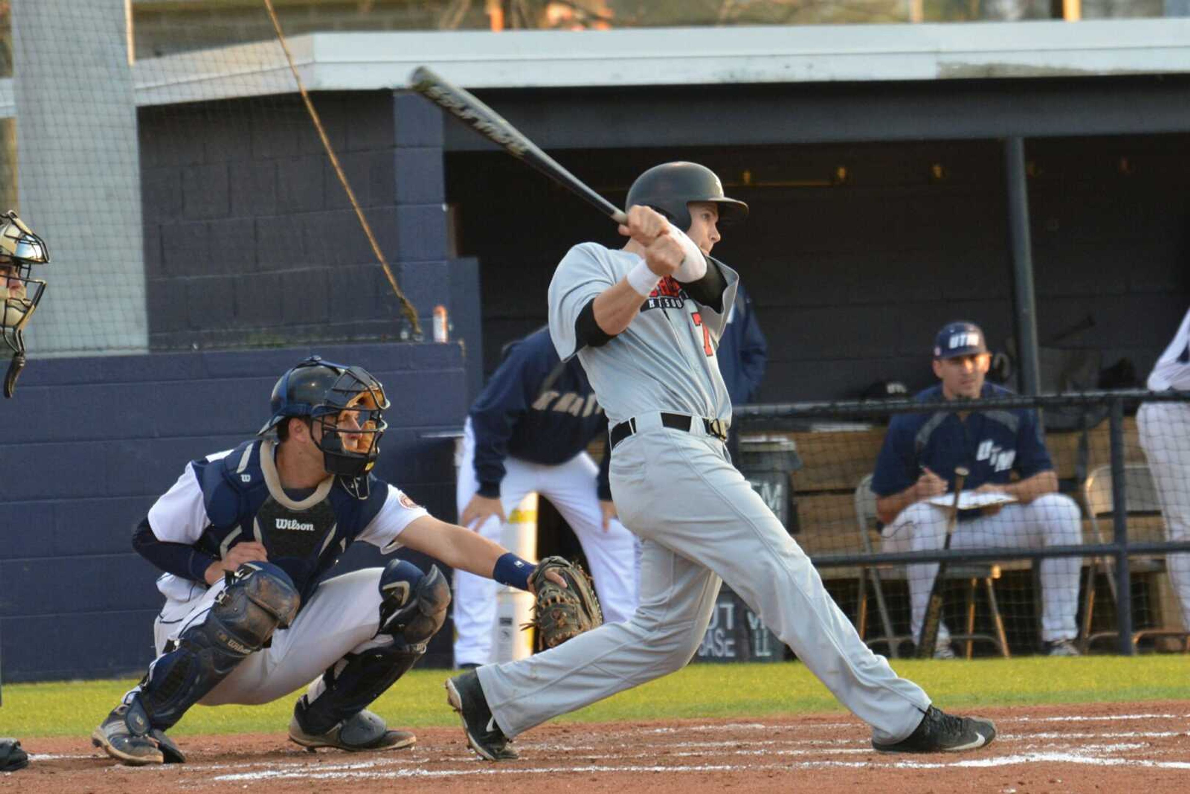 Southeast Missouri State junior right fielder Chris Osborne makes contact with a pitch during a recent game against UT Martin. Osborne, who hit for the cycle in Sunday’s 7-3 win against Austin Peay, is batting .411 with eight home runs and 20 RBIs.