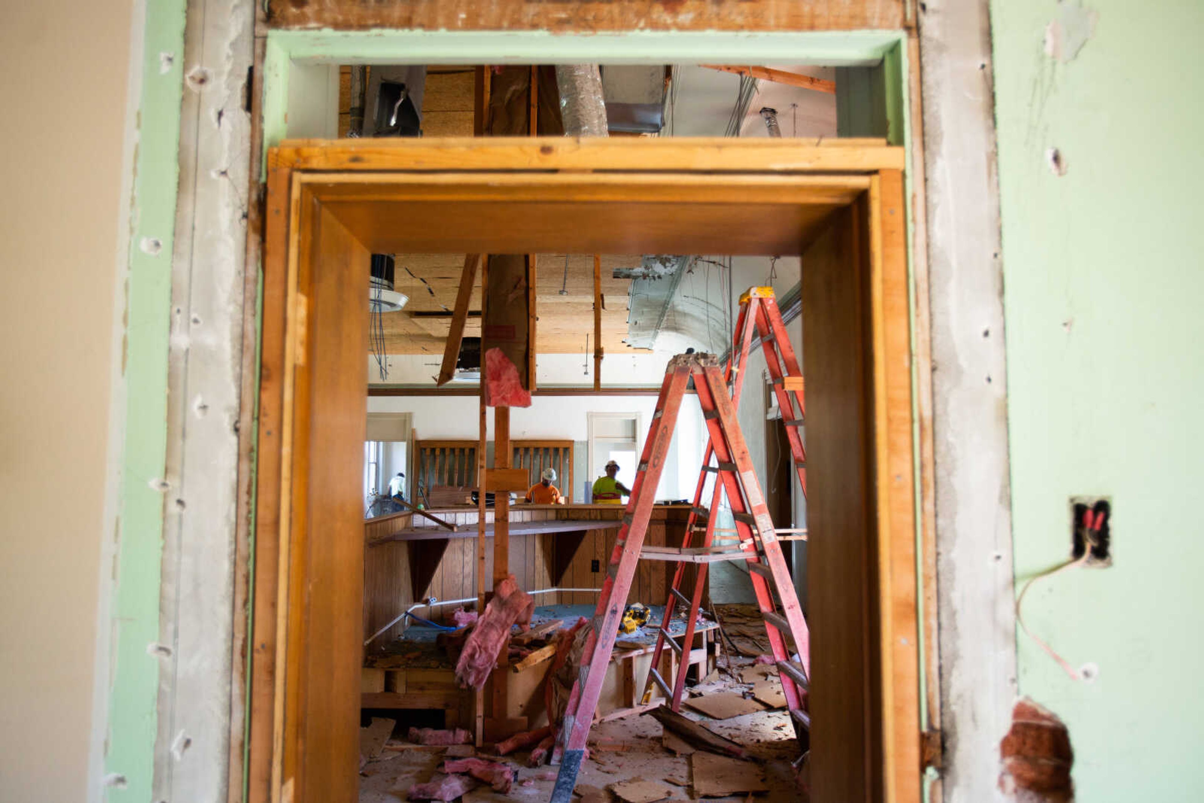 Crews from Penzel Construction continue the demolition phase of the Common Pleas Courthouse renovation on Tuesday, June 16, 2020.