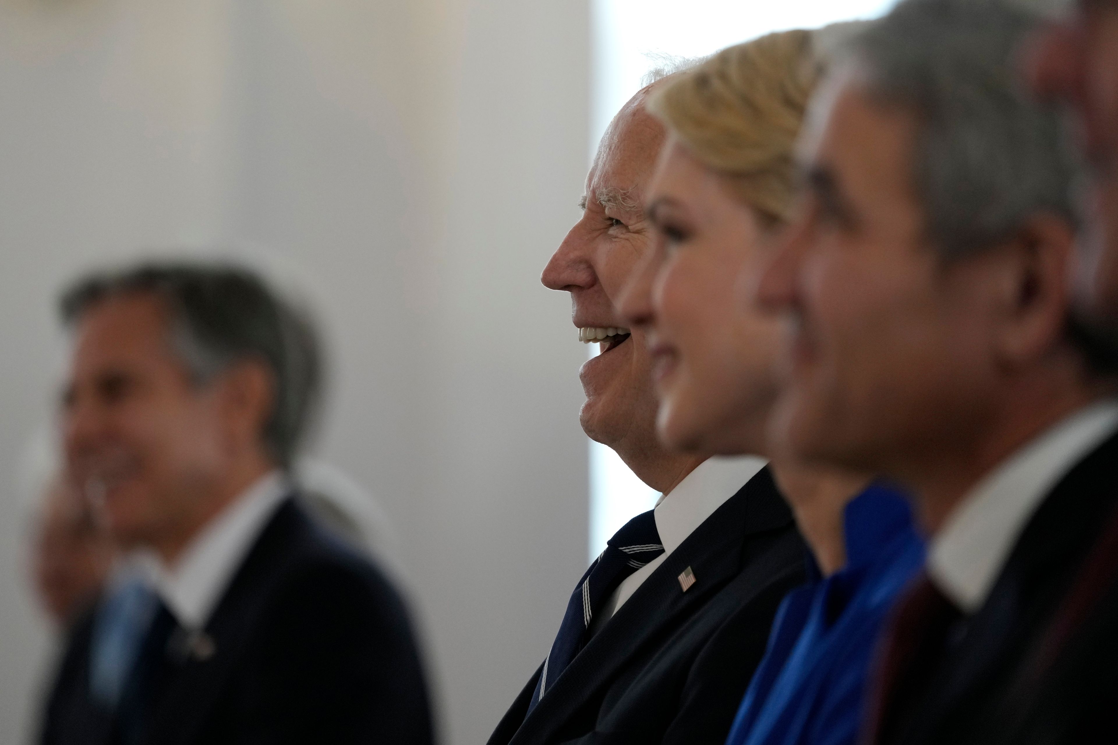 President Joe Biden smiles before receiving Germany's Grand Cross special class of the Order of Merit at Bellevue Palace in Berlin, Germany, Friday, Oct. 18, 2024. (AP Photo/Ben Curtis)