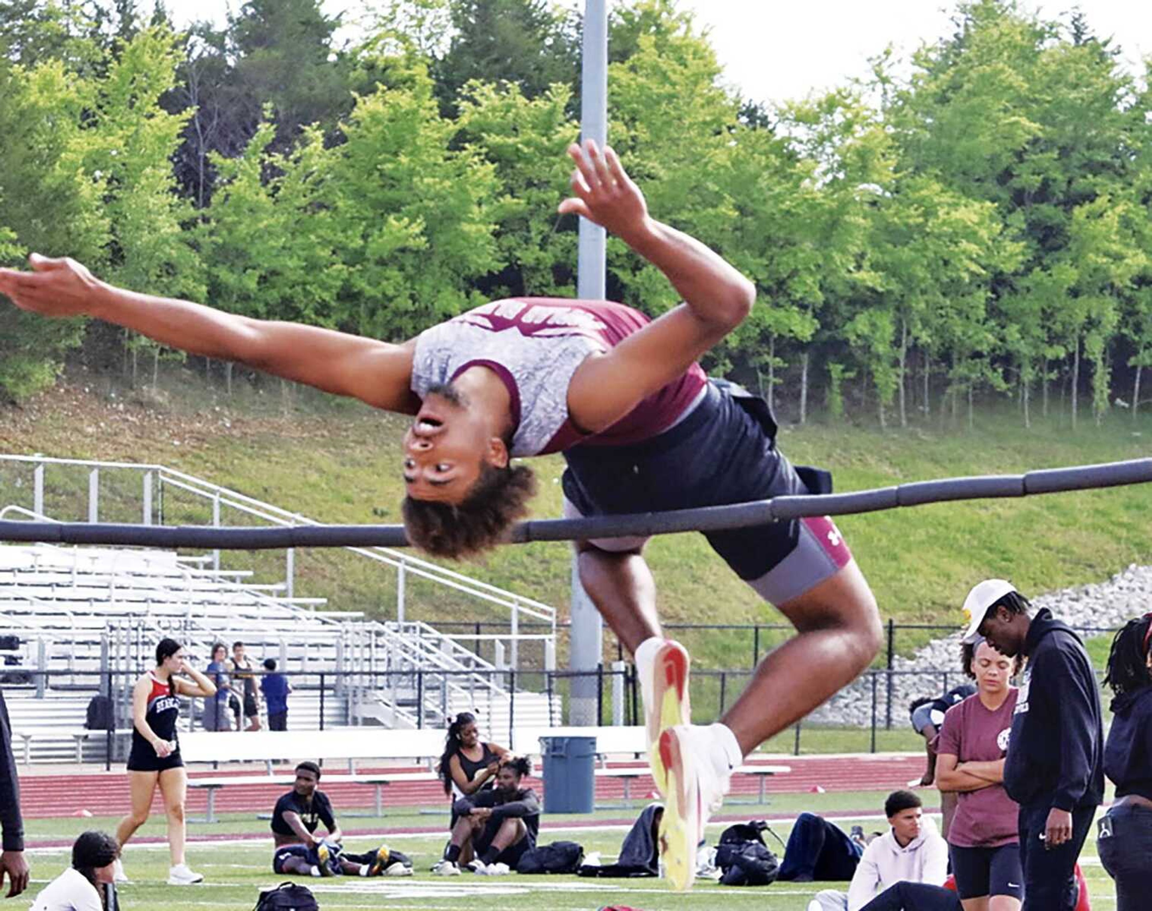 Poplar Bluff's Darius Graham secures his second state title after finishing first in the boys high jump at this year's MSHSAA Class 5 Track and Field State Championship.