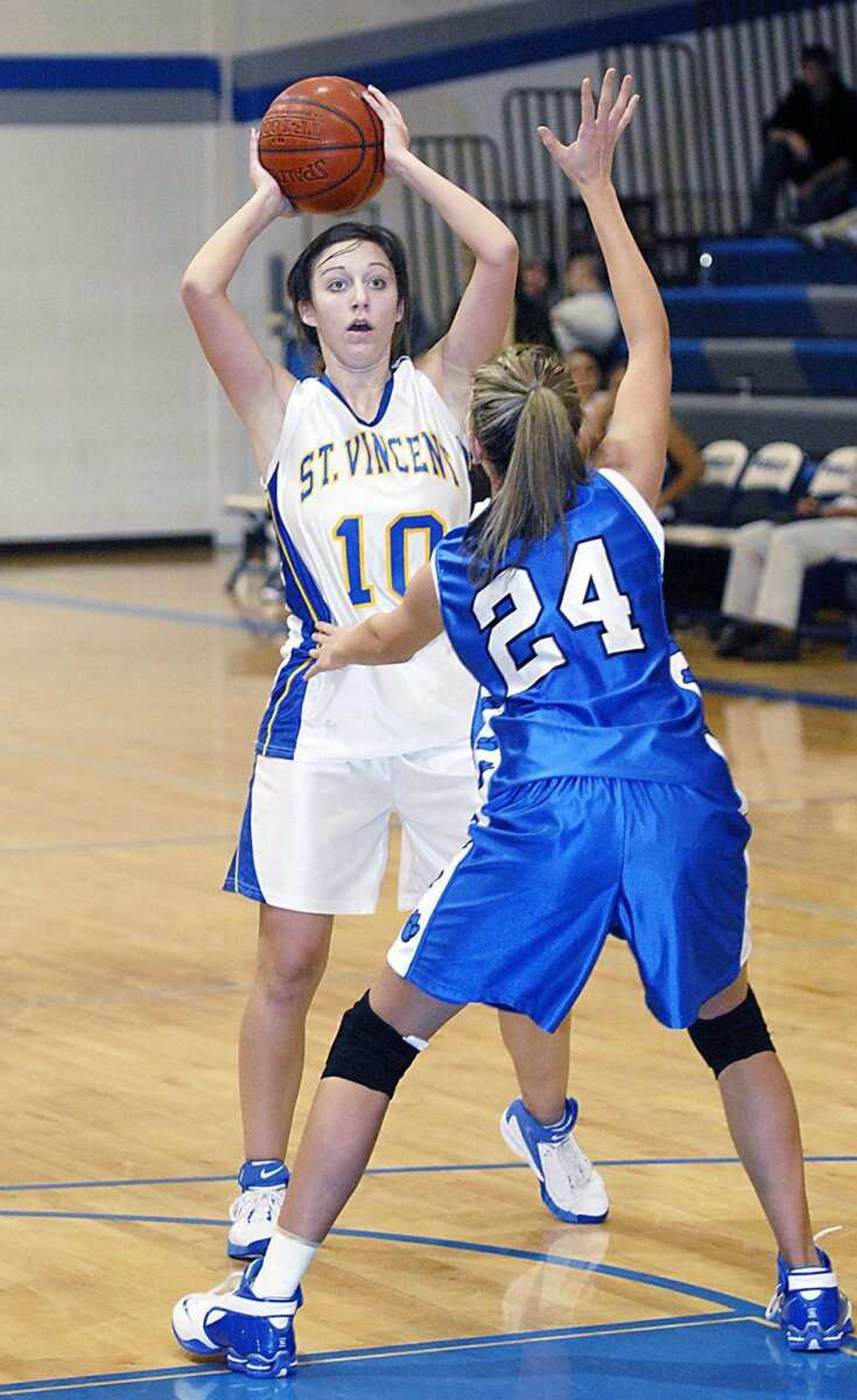 St. Vincent's Lacey Siegmund (10) looked to pass during the Delta Bobcats New Years Tournament championship game in Delta. (Kit Doyle)