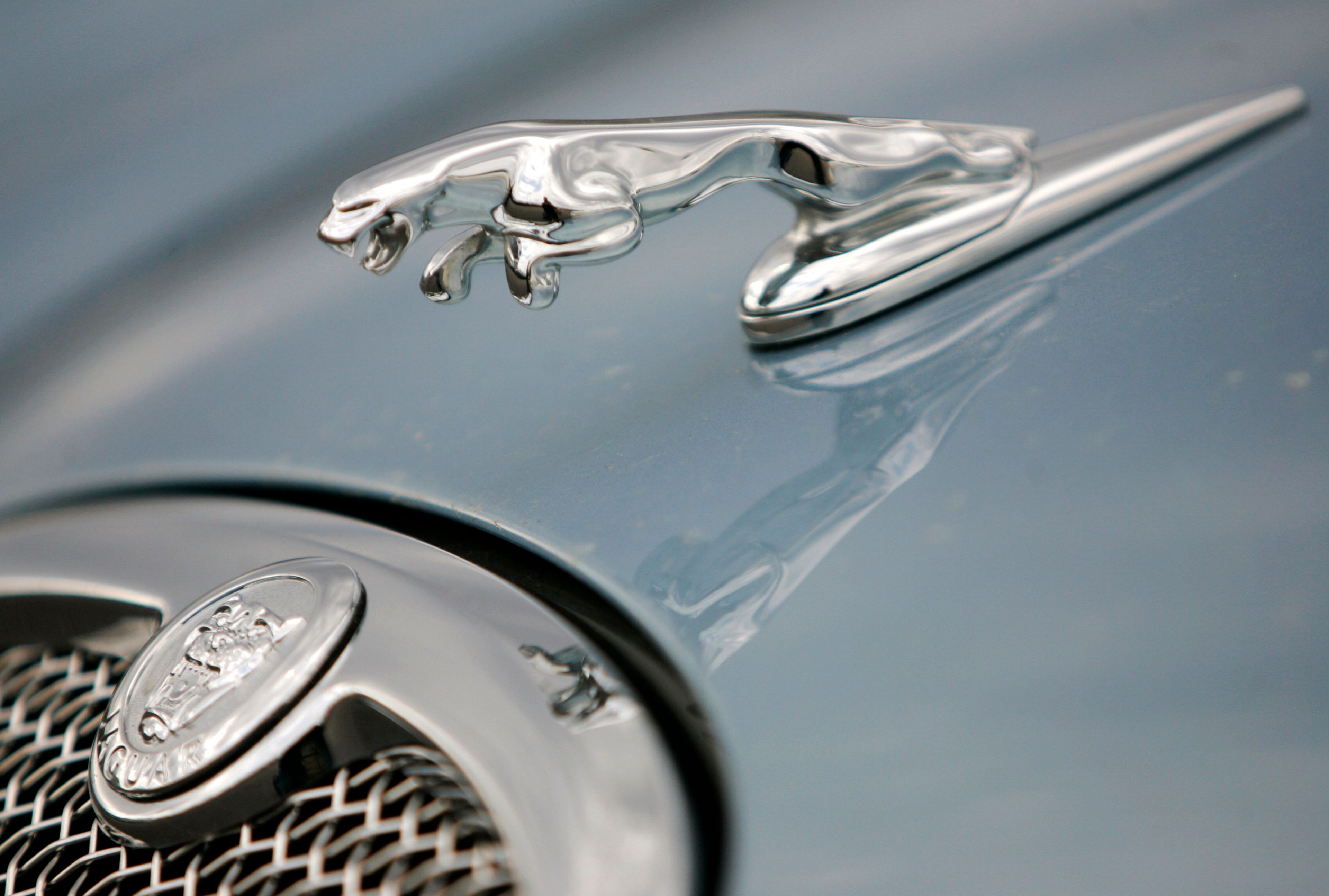 FILE - The hood ornament and a portion of the grill of a Jaguar automobile is shown at a dealership in Norwood, Mass. on March 26, 2008.(AP Photo/Steven Senne, file)