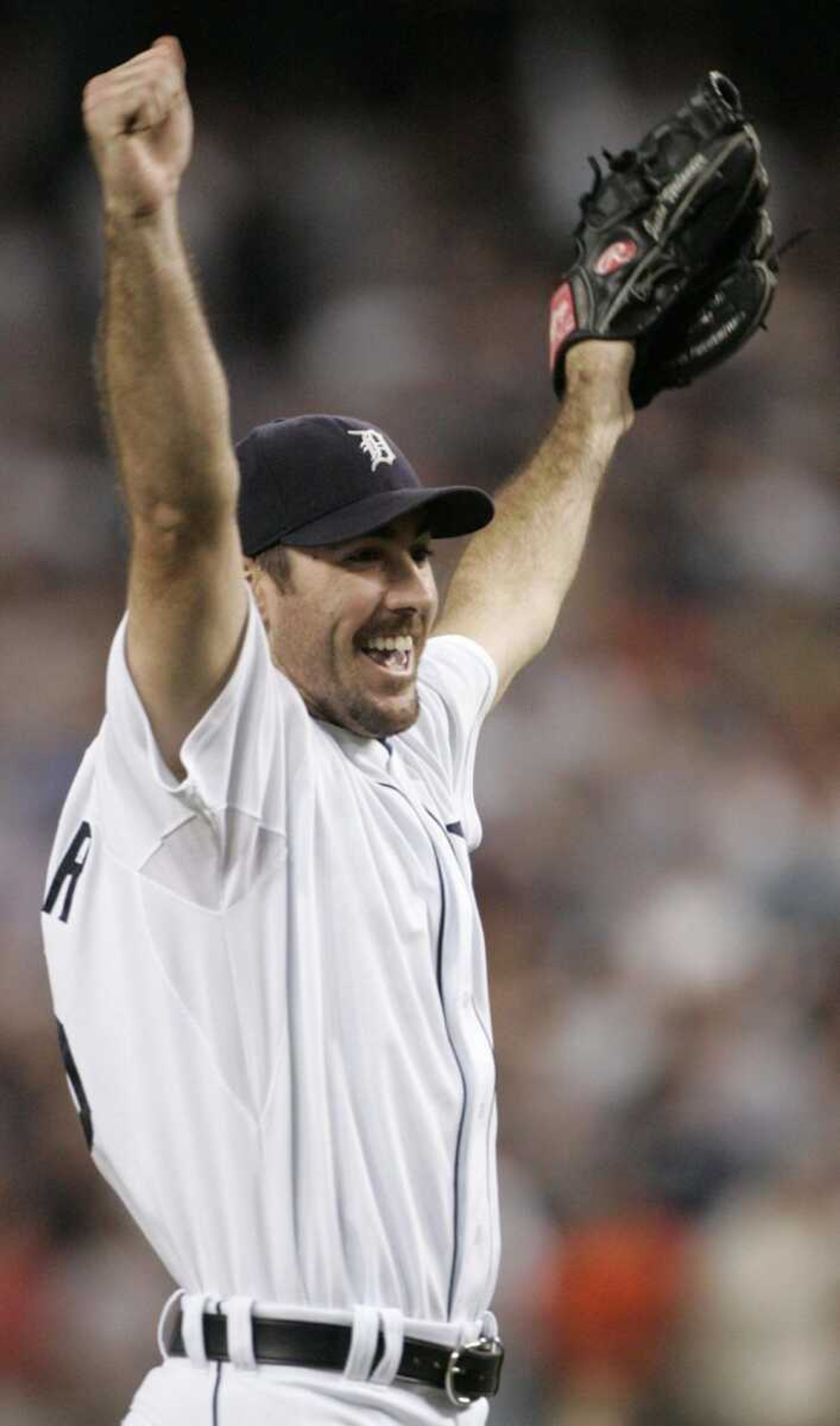 Detroit Tigers pitcher Justin Verlander celebrated after pitching a no-hitter against the Milwaukee Brewers on Tuesday in Detroit. (Duane Burleson ~ Associated Press)