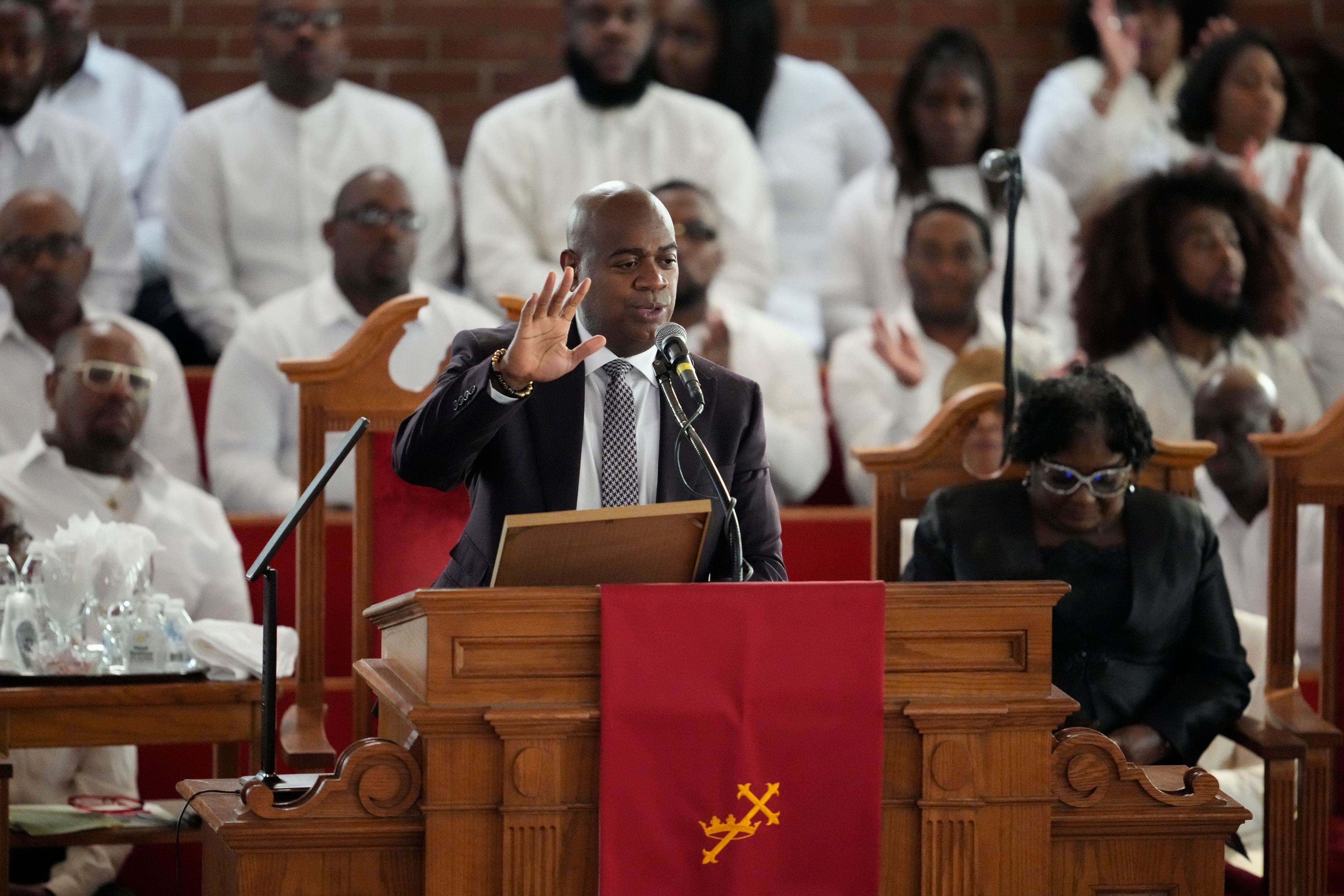 Newark Mayor Ras Baraka speaks during a ceremony celebrating the life of Cissy Houston on Thursday, Oct. 17, 2024, at the New Hope Baptist Church in Newark, N.J. (Photo by Charles Sykes/Invision/AP)