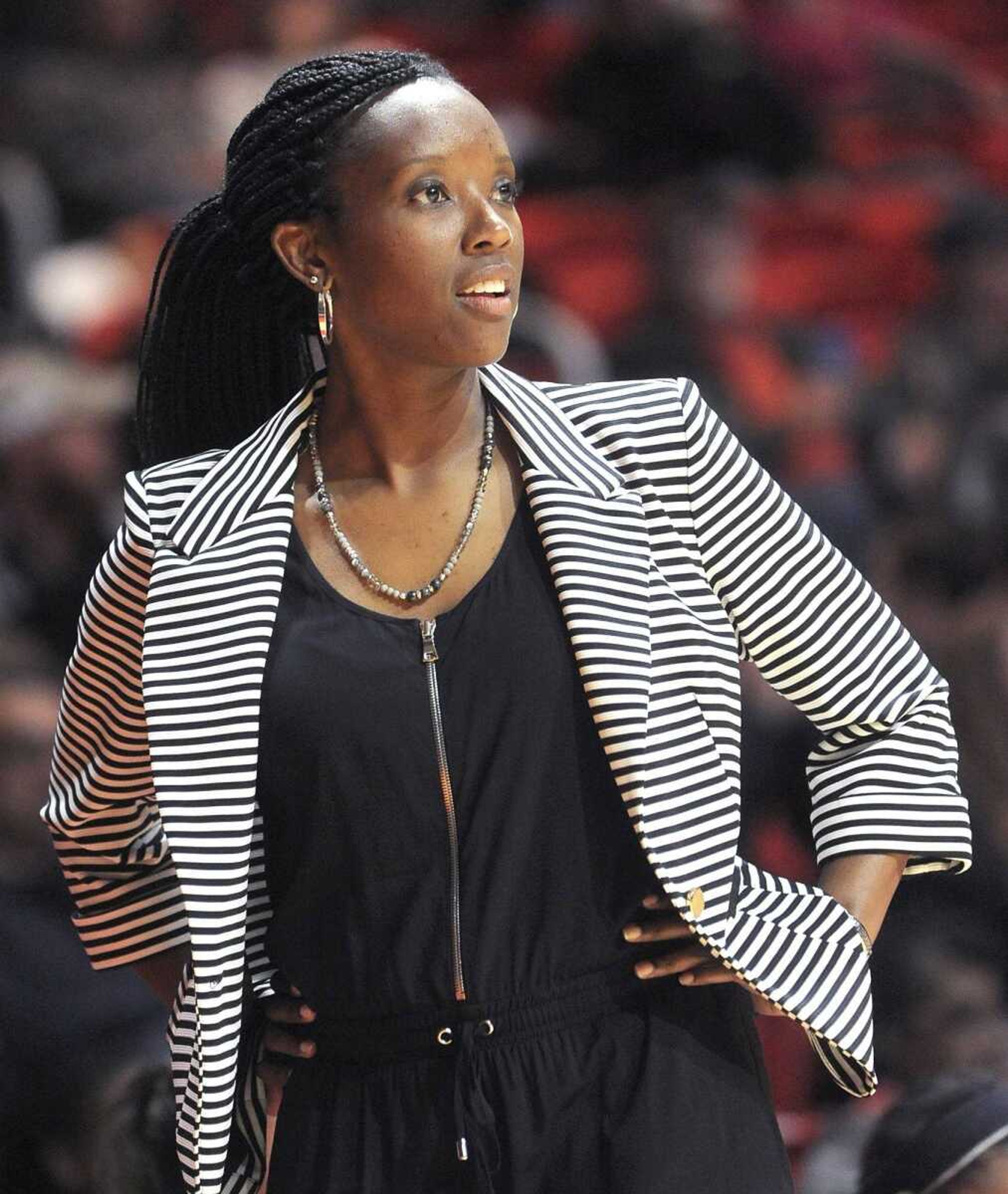 Southeast Missouri State coach Rekha Patterson watches the game against Harris-Stowe during the third quarter Monday, Nov. 16, 2015 at the Show Me Center. (Fred Lynch)