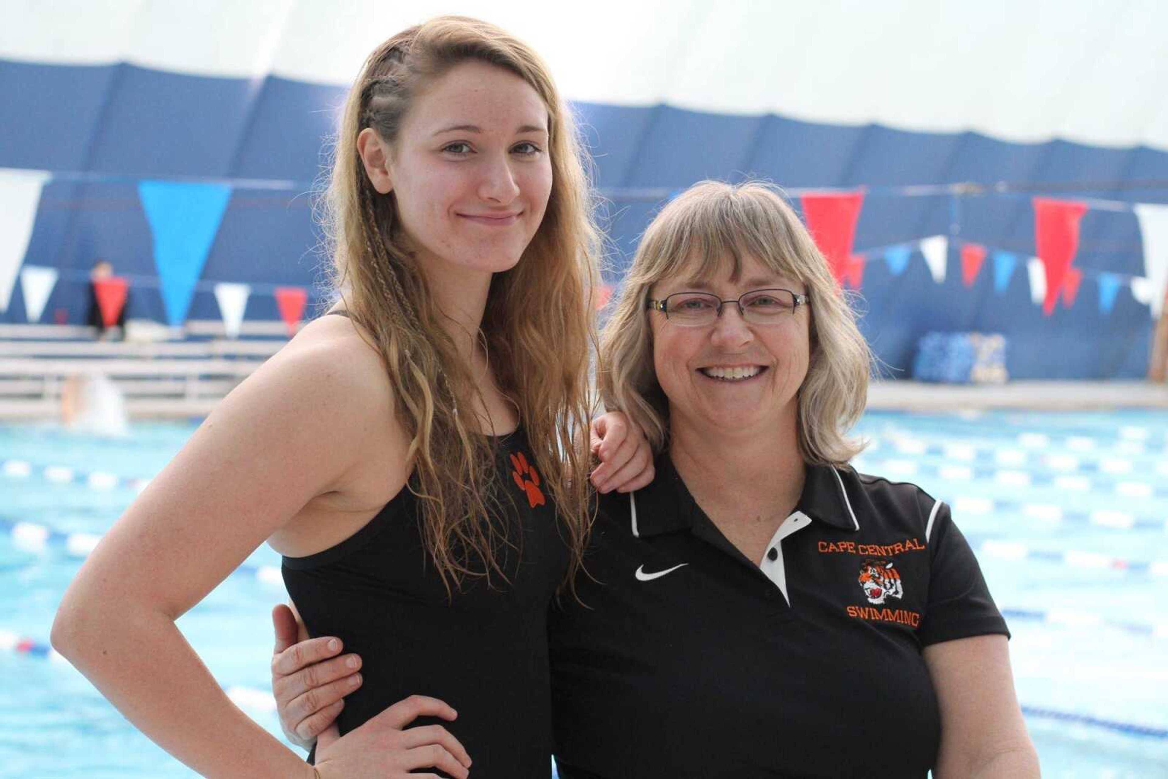 Cape Central swim coach Dayna Powell poses for a photo with her daughter Josey Wednesday, Feb. 18, 2015 at Central Municipal Pool. (Glenn Landberg)