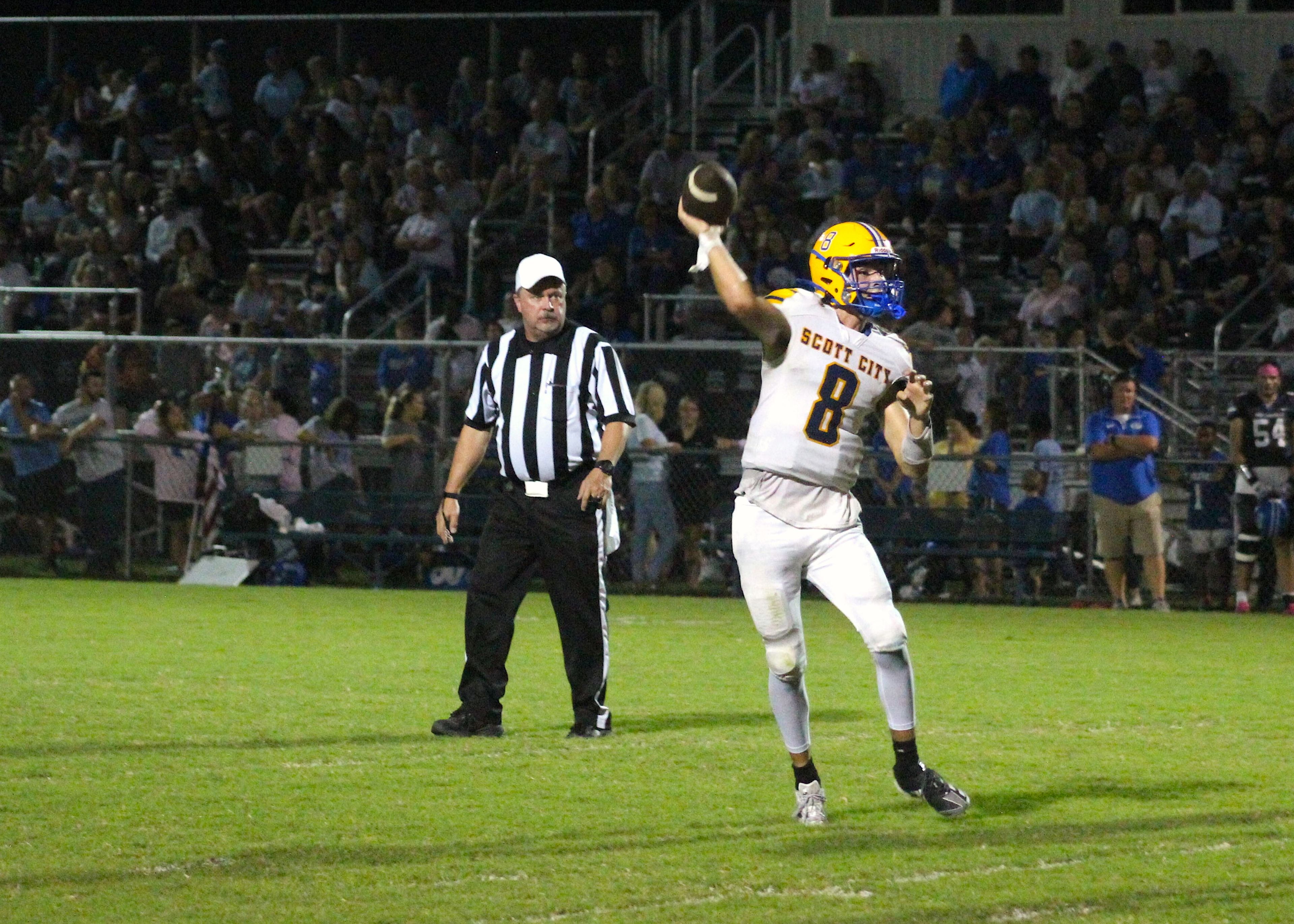 Scott City quarterback Jackson Gloth throws a pass against Portageville on Sept. 20 in Portageville.
