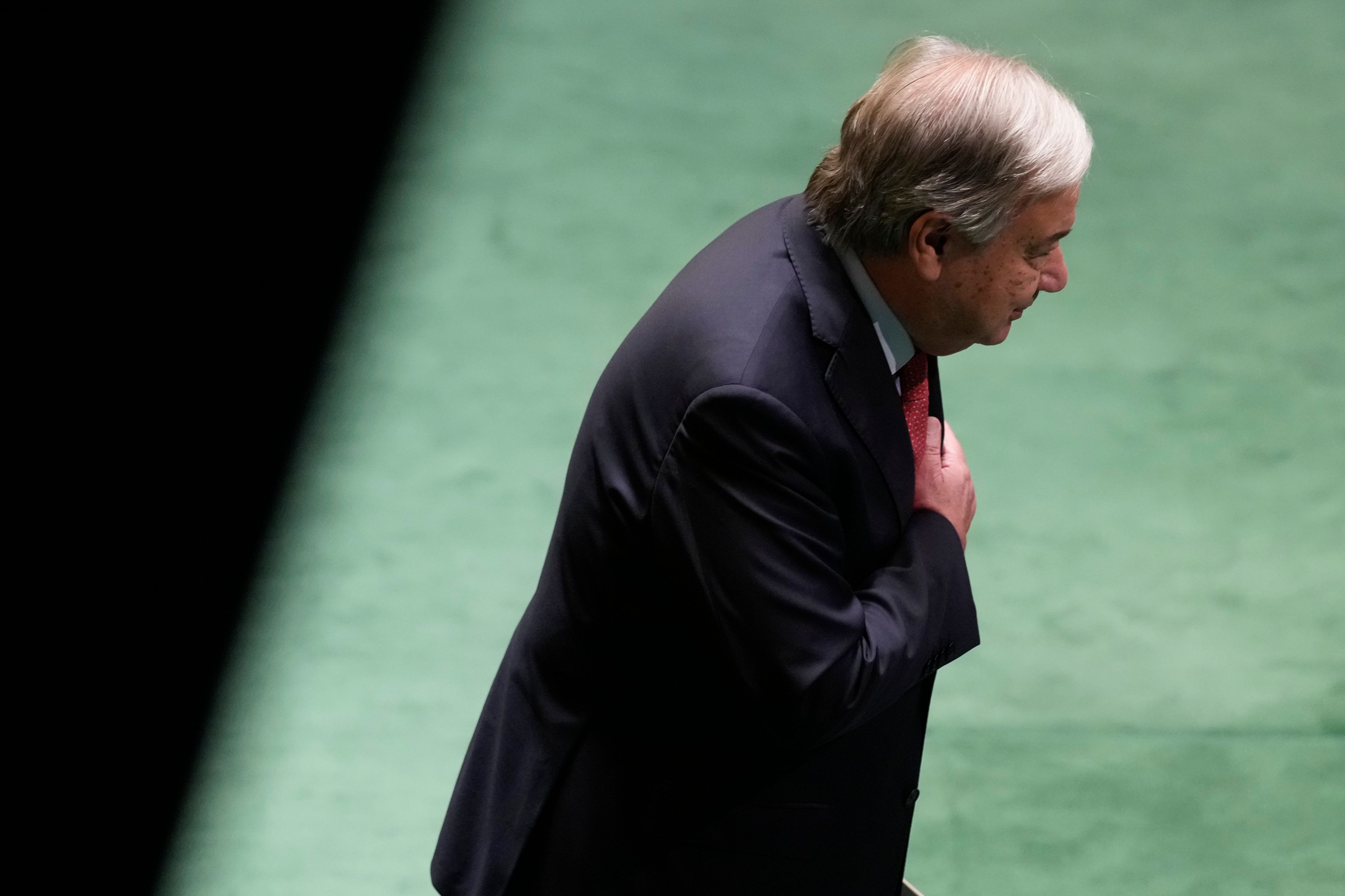 United Nations Secretary-General António Guterres puts his hand over his heart after speaking to the 79th session of the United Nations General Assembly at United Nations headquarters, Tuesday, Sept. 24, 2024. (AP Photo/Seth Wenig)