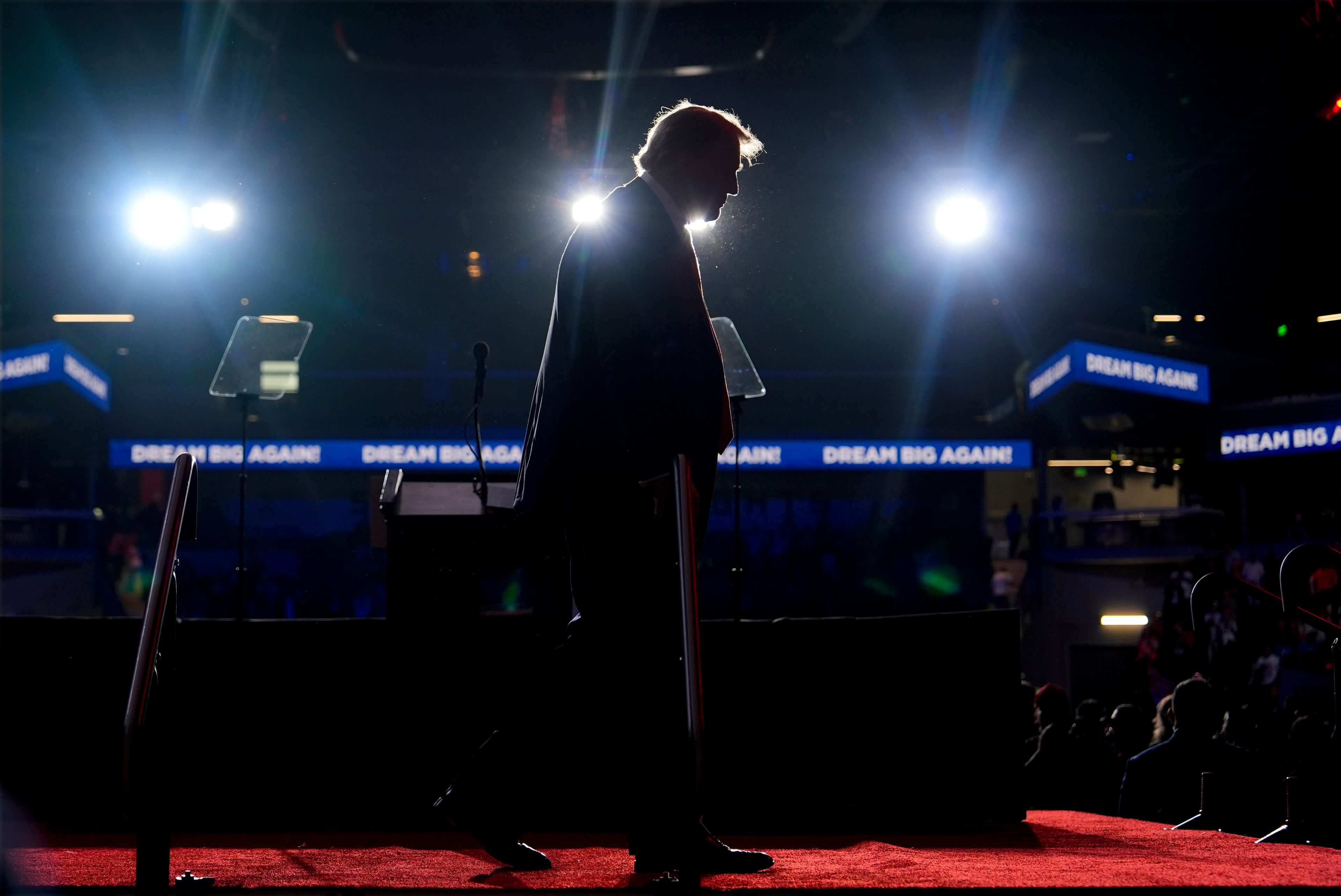 Republican presidential nominee former President Donald Trump walks from the podium after speaking at a campaign rally at Lee's Family Forum, Thursday, Oct. 31, 2024, in Henderson, Nev. (AP Photo/Julia Demaree Nikhinson)