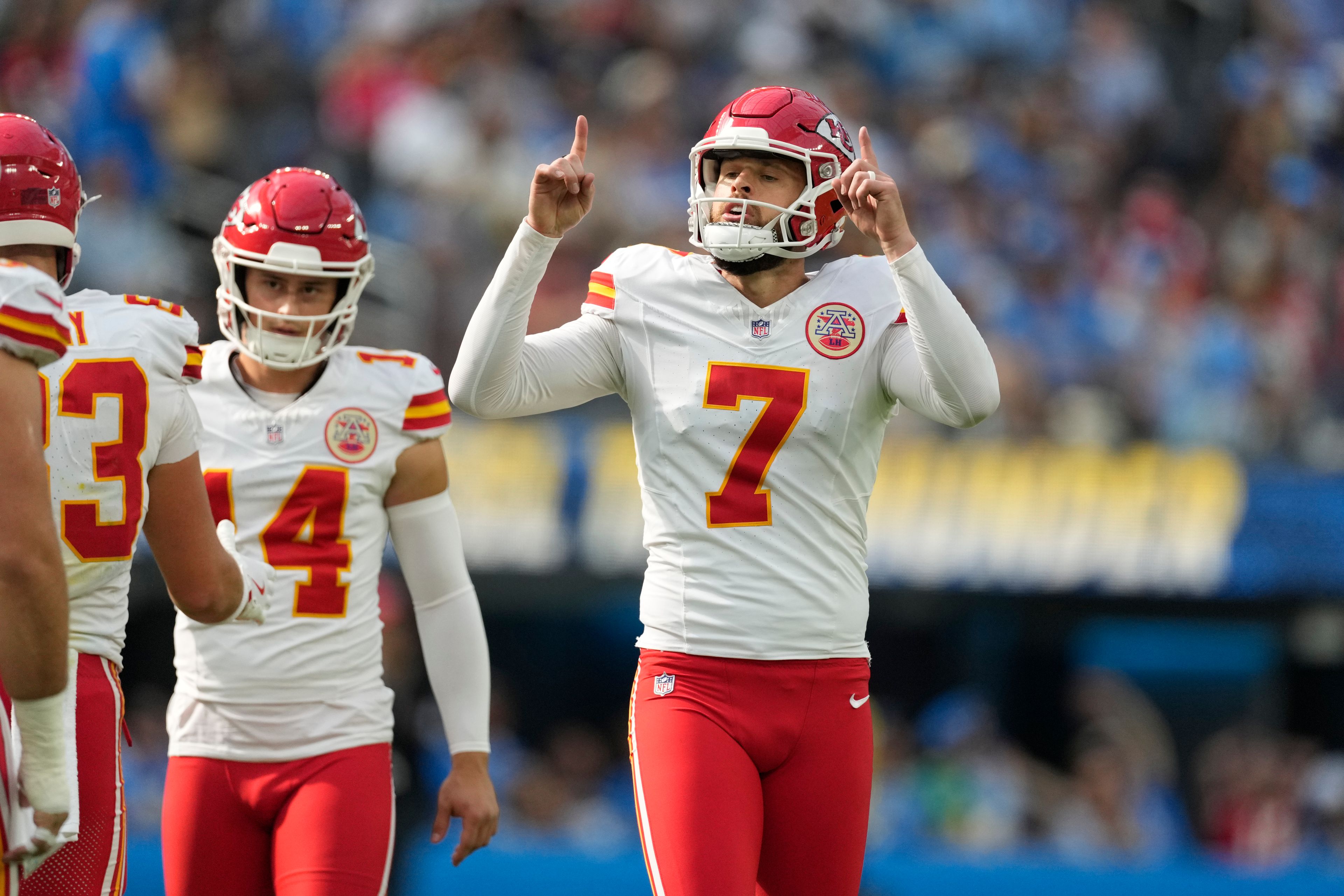 Kansas City Chiefs kicker Harrison Butker (7) celebrates after making a field goal during the second half of an NFL football game against the Los Angeles Chargers Sunday, Sept. 29, 2024, in Inglewood, Calif. (AP Photo/Ashley Landis)