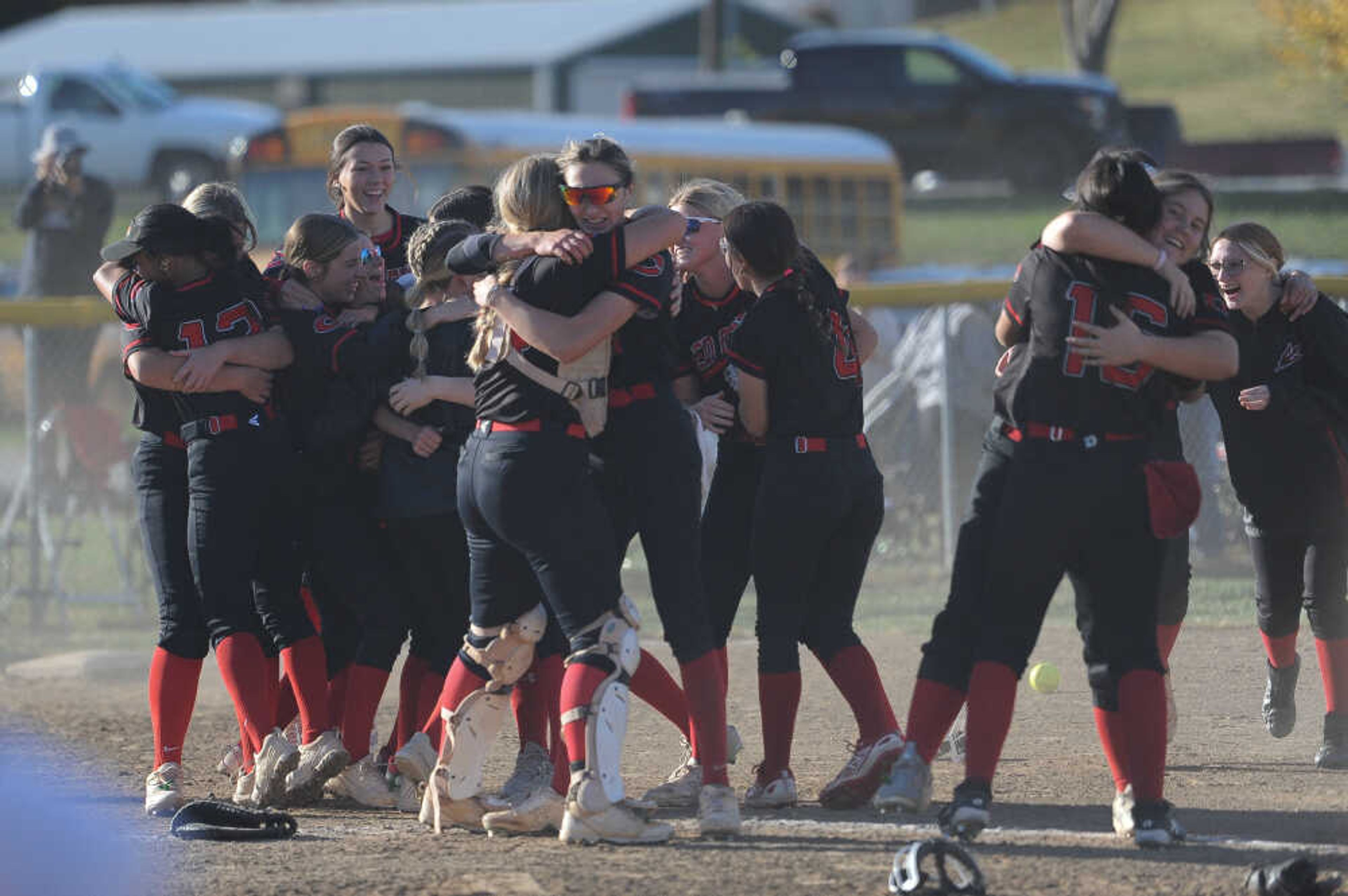 Chaffee players celebrate following an MSHSAA quarterfinal softball win over the Elsberry Indians on Saturday, Oct. 26, in Elsberry.