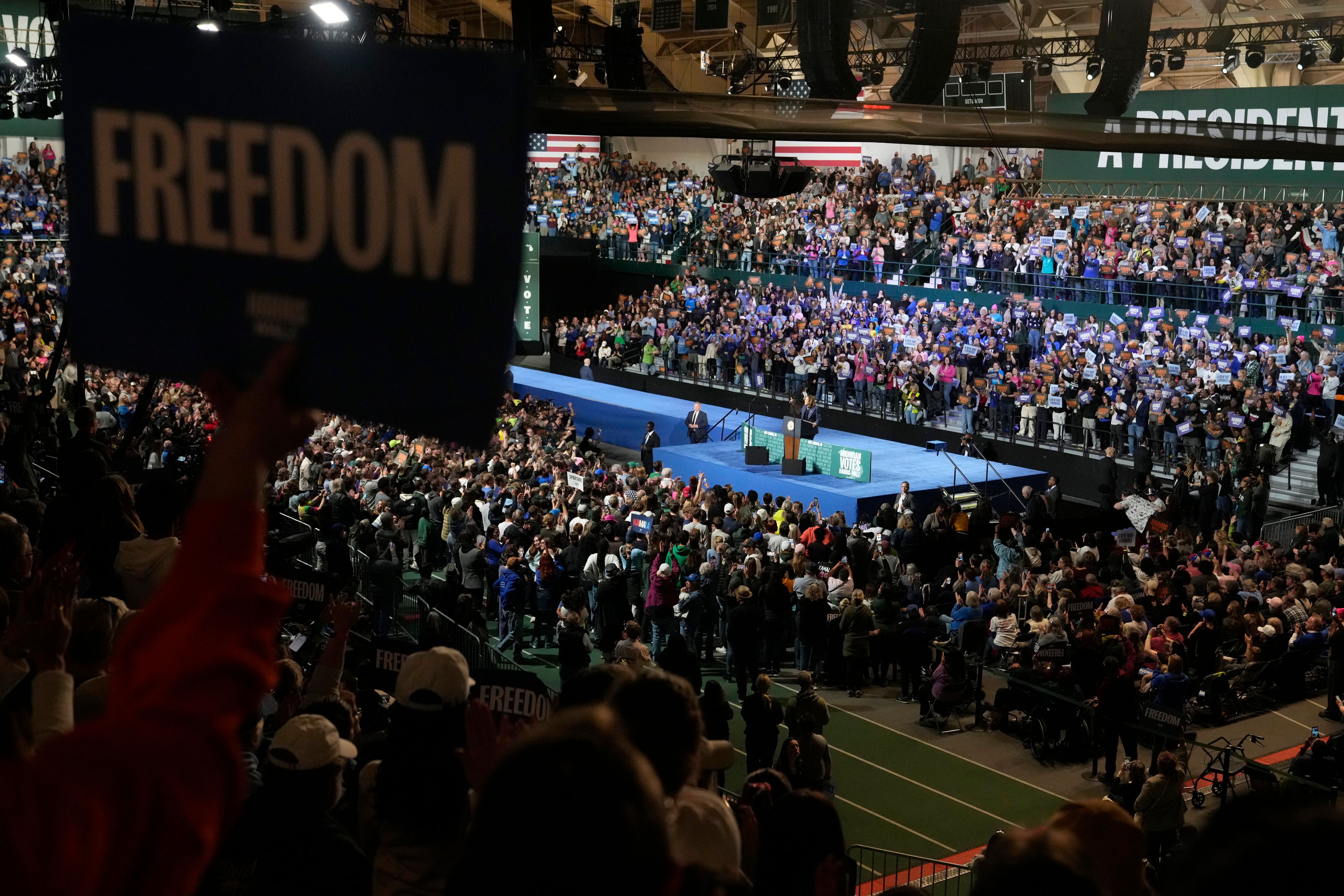 Democratic presidential nominee Vice President Kamala Harris speaks during a campaign rally at Jenison Field House on the campus of Michigan State University, Sunday, Nov. 3, 2024, in East Lansing, Mich. (AP Photo/Jacquelyn Martin)