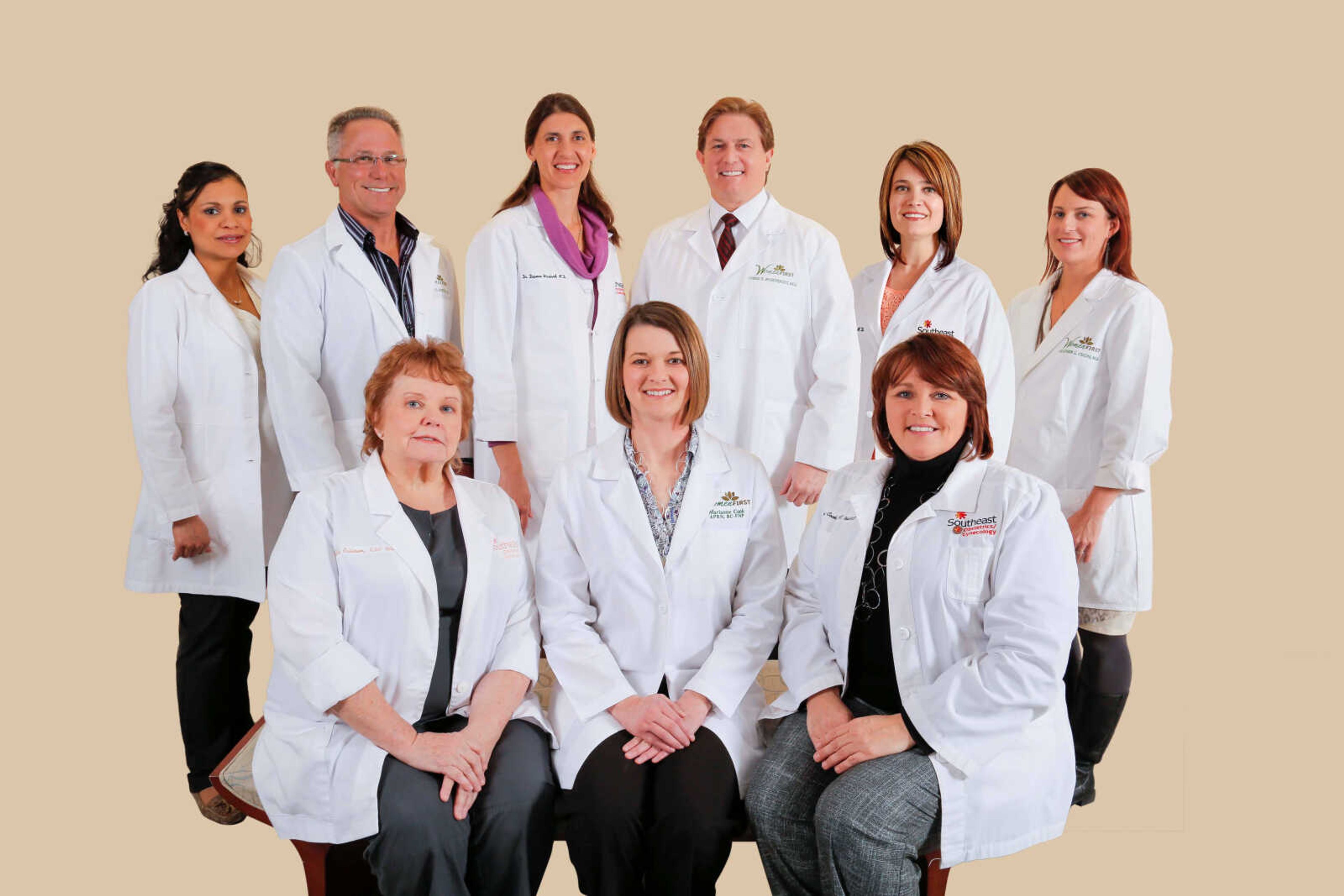 SoutheastHEALTH's providers of obstetrics and gynecology, from left: (front row) nurse practitioners Glenda Robison, Marianne Cook and Christy Cook; (second row) Drs. Wendelly Vasquez, Eric Morton, Dianne Woolard, Chris Rosenquist, Jennifer Lovegreen and Heather Cugini.