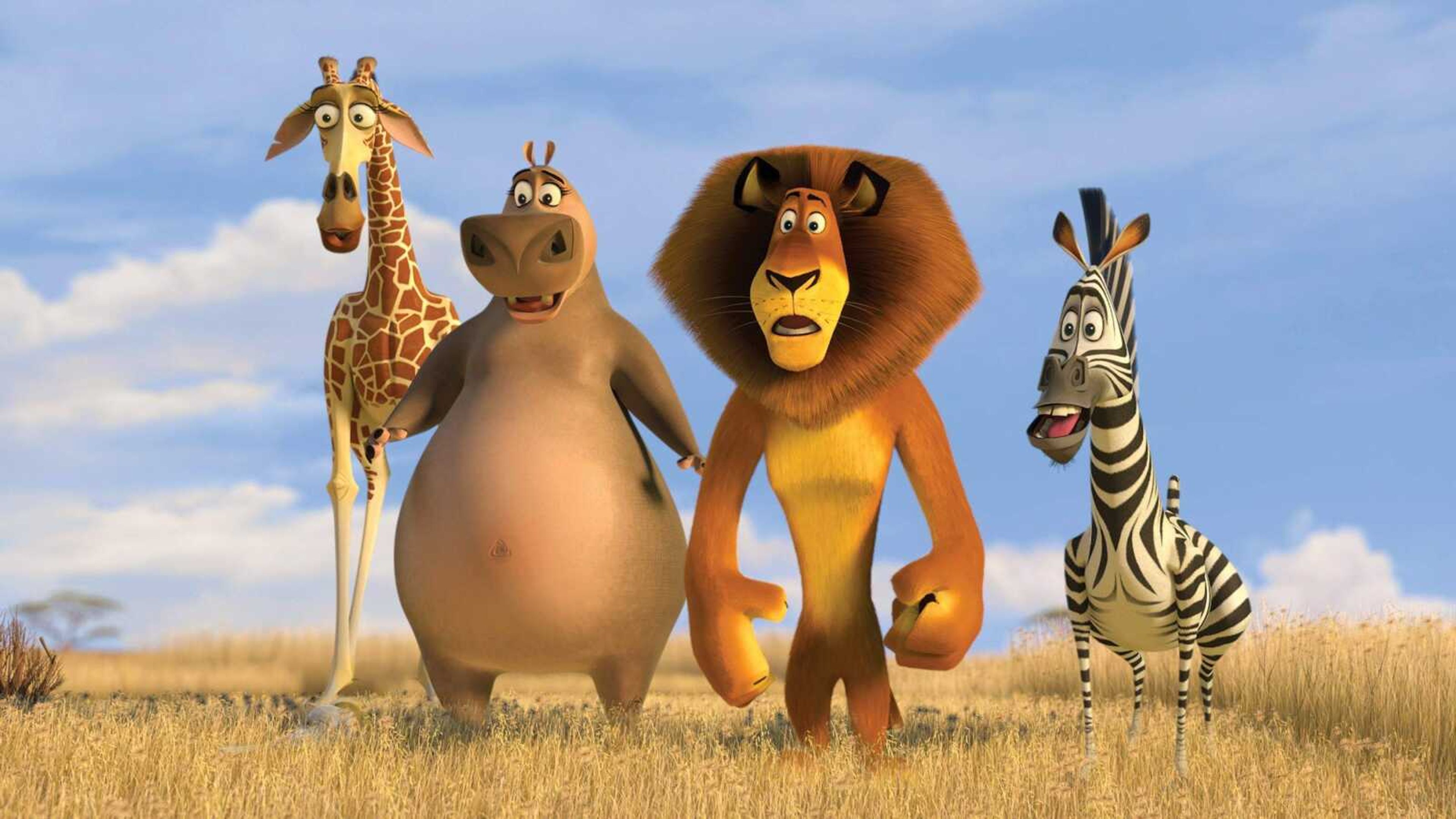 Melman the giraffe, voiced by David Schwimmer, left, Gloria the hippo, voiced by Jada Pinkett Smith, second left, Alex the lion, voiced by Ben Stiller, and Marty the zebra voiced by Chris Rock, right, are shown in a scene from the DreamWorks production "Madagascar: Escape 2 Africa."