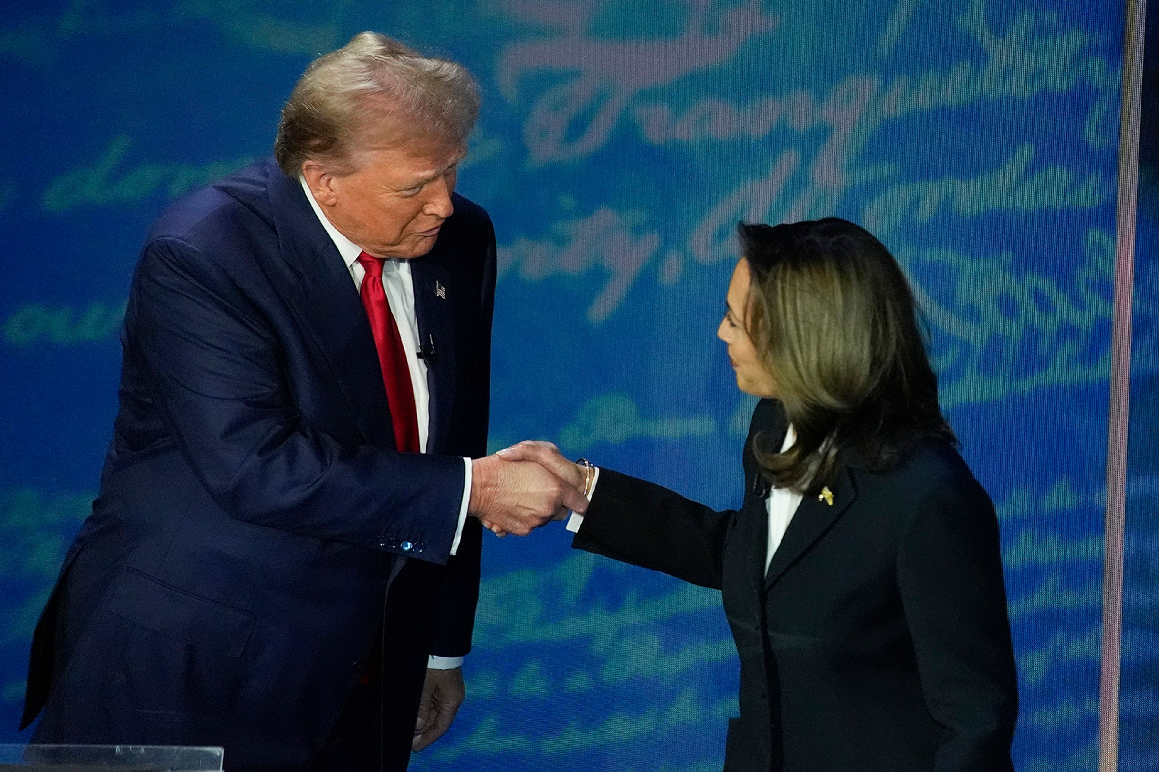 Republican presidential nominee former President Donald Trump and Democratic presidential nominee Vice President Kamala Harris shake hands before the start of an ABC News presidential debate at the National Constitution Center, Tuesday, Sept. 10, 2024, in Philadelphia. 