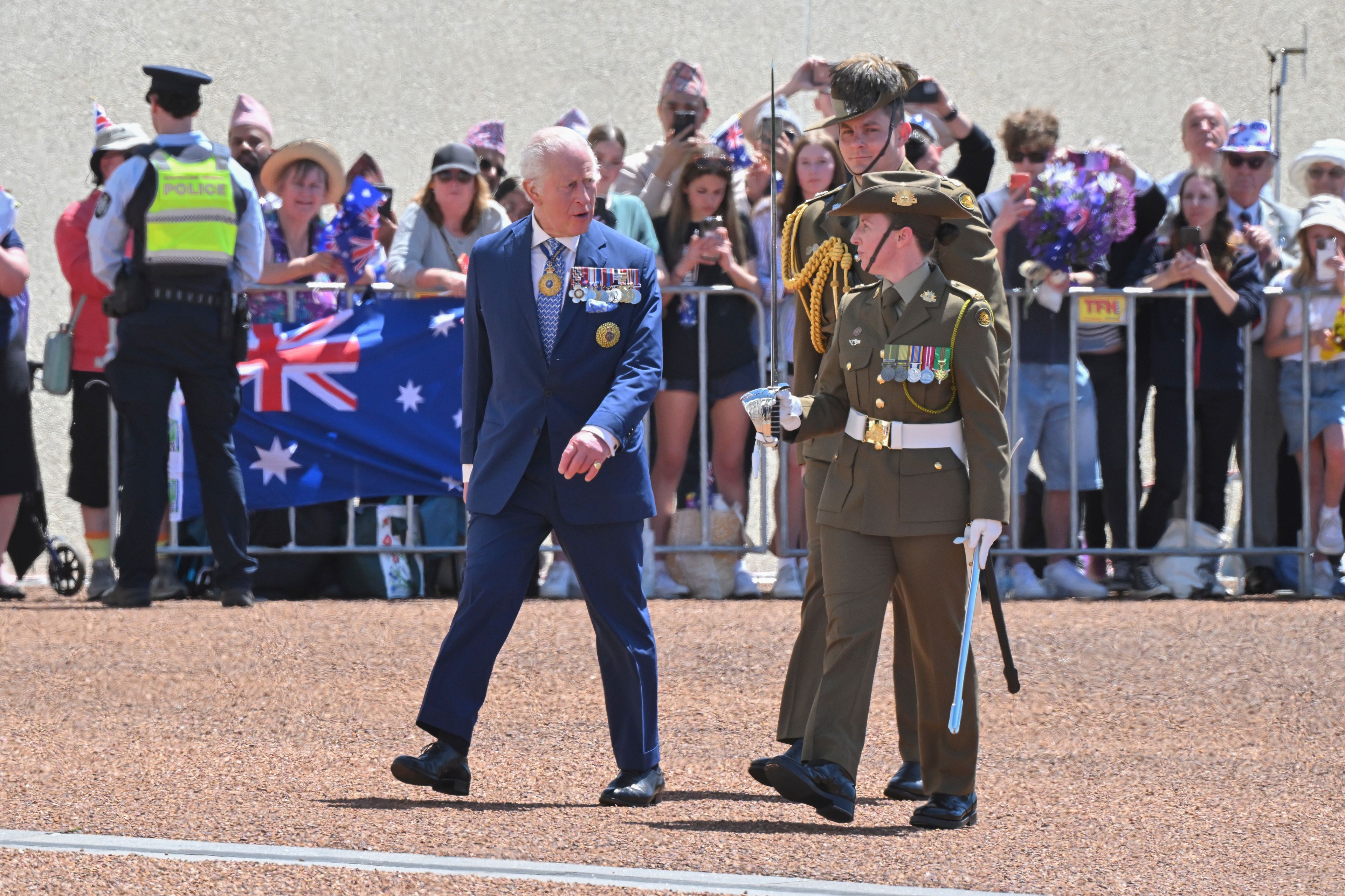 Britain's King Charles III with the Guard of Honour at Parliament House in Canberra, Australia, Monday, Oct. 21, 2024. (Mick Tsikas/Pool Photo via AP)