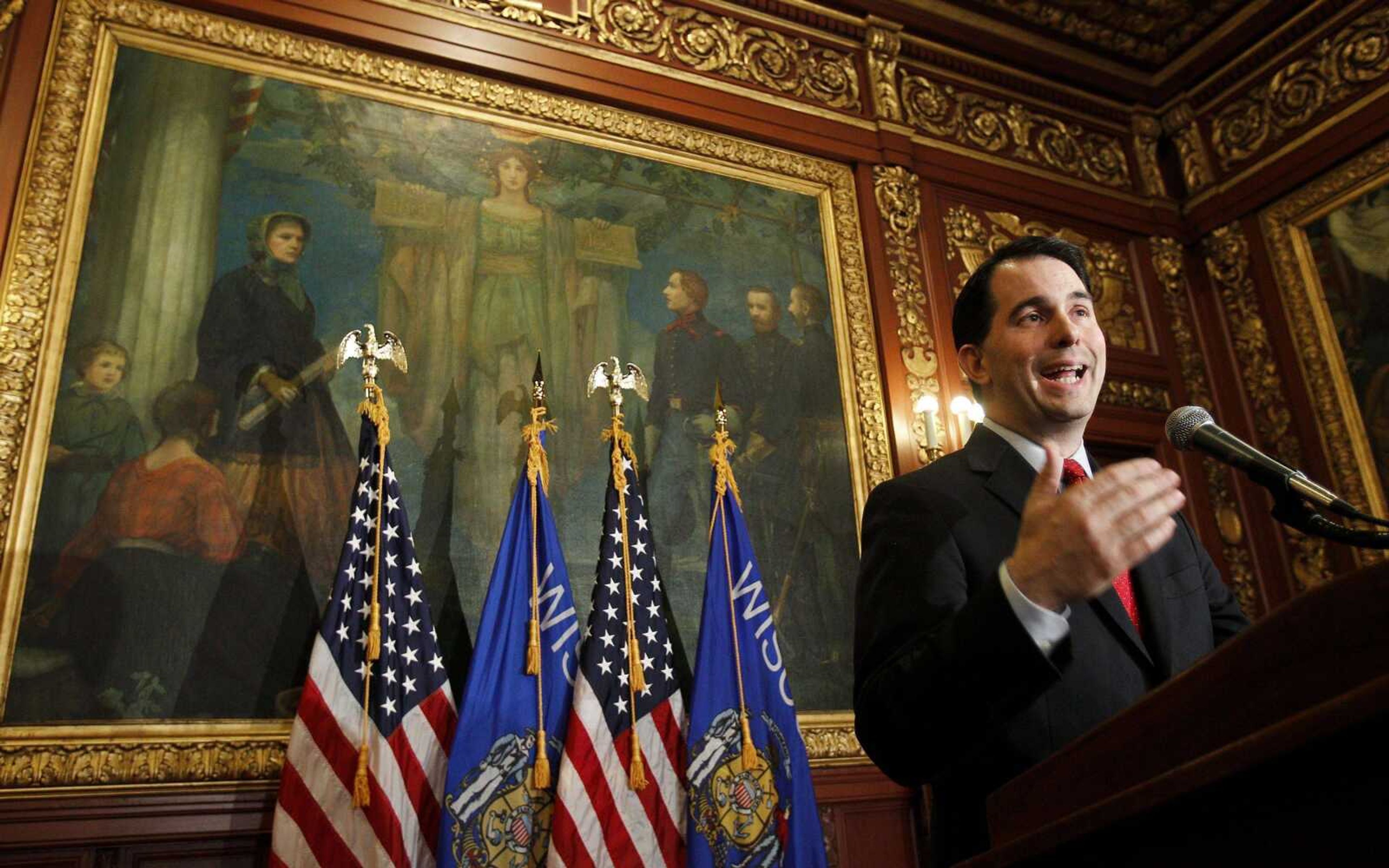 Republican Wisconsin Gov. Scott Walker talks to the media Feb. 17 at the State Capitol in Madison, Wis. (Associated Press file)