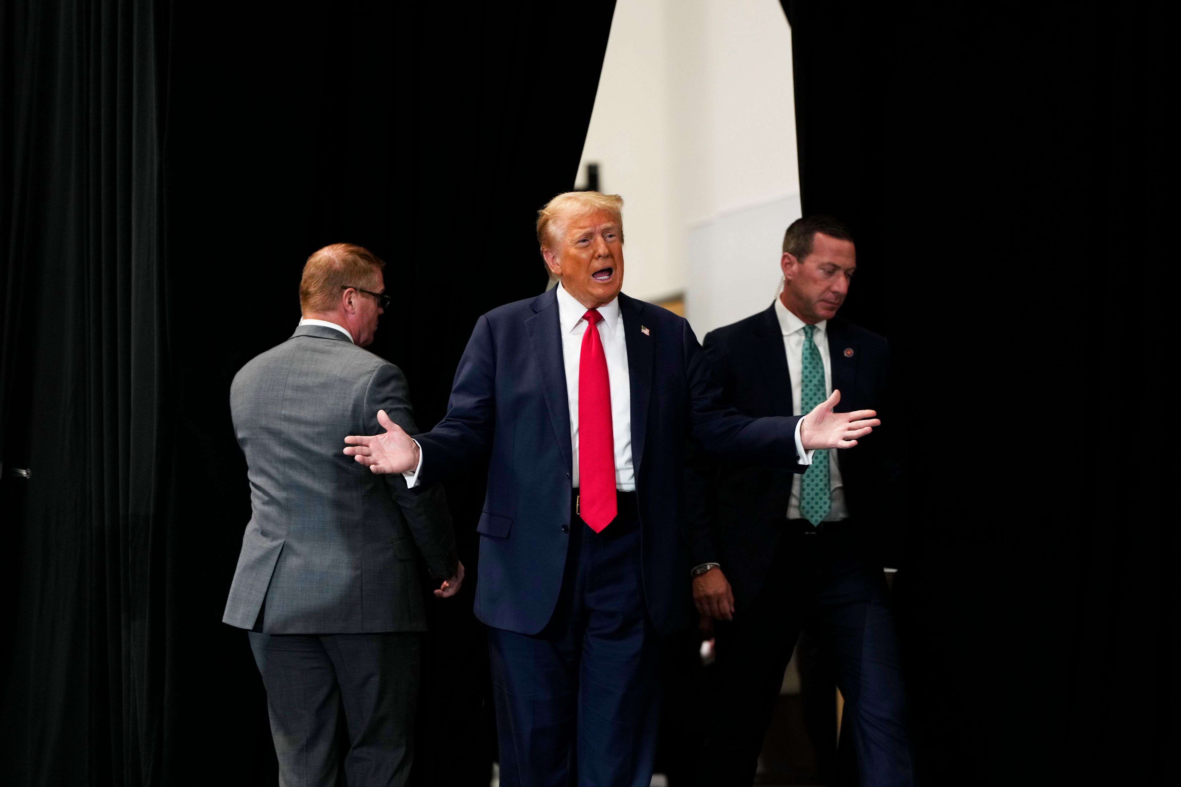 Republican presidential nominee former President Donald Trump arrives at a campaign event Saturday, Oct. 12, 2024, in North Las Vegas, Nev. (AP Photo/Lucas Peltier)