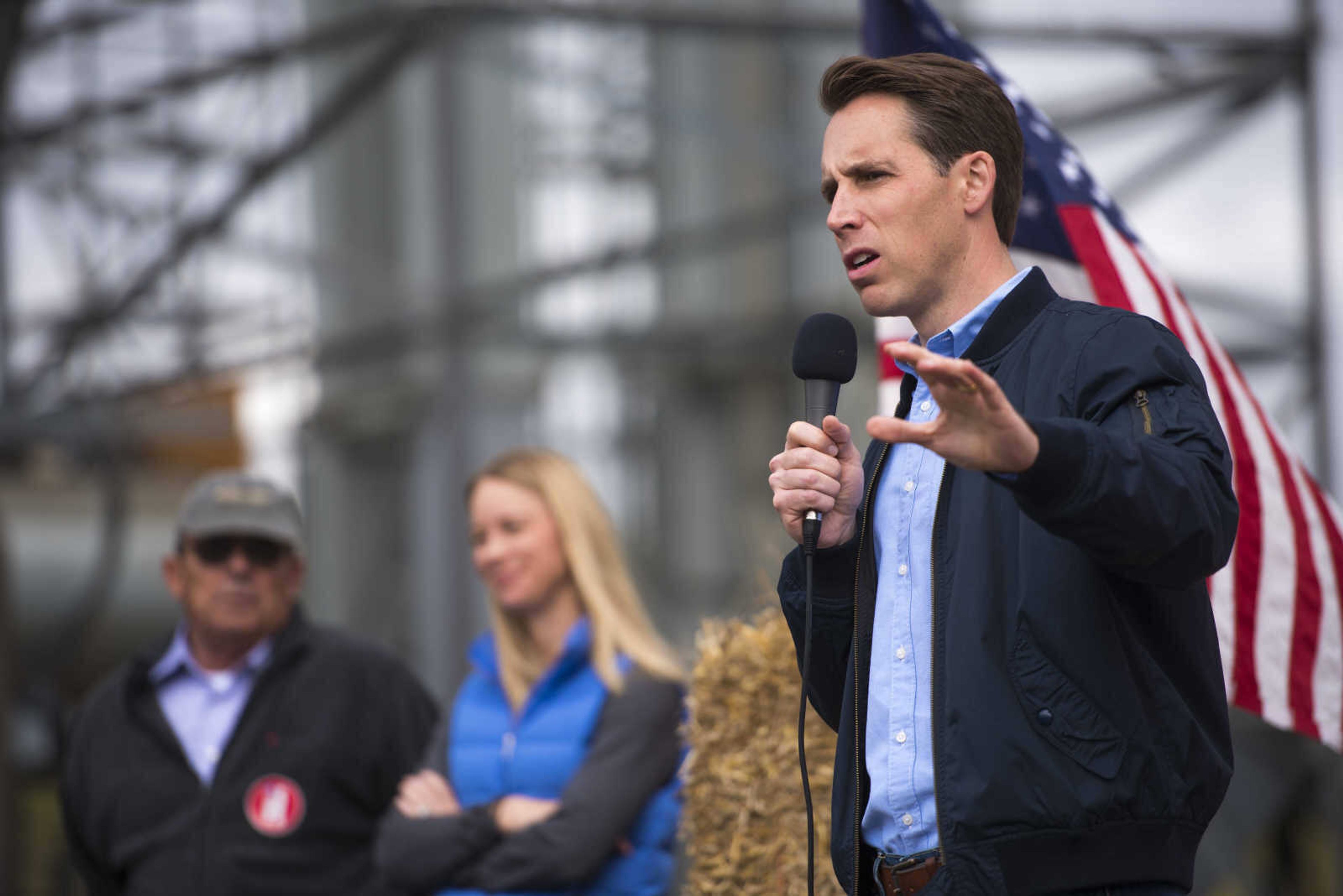 Missouri Republican candidate Josh Hawley speaks at a campaign rally Friday, Oct. 26, 2018, in Scott City.