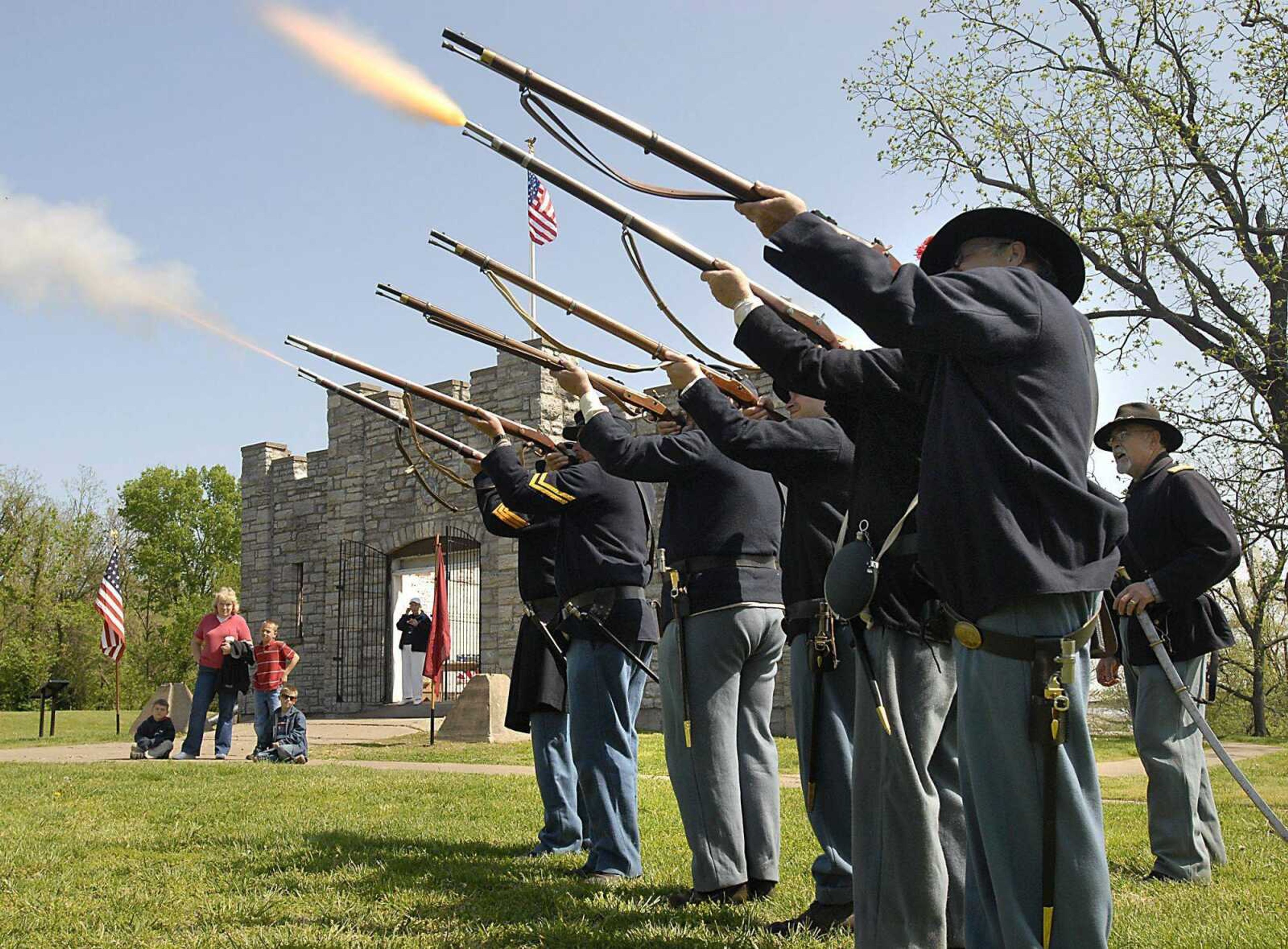 Civil War reenactors with the 17th Missouri Infantry Company G, a part of the Turner Brigade, took part in a "school of the soldier" April 27, 2008 at Fort D. (Fred Lynch)