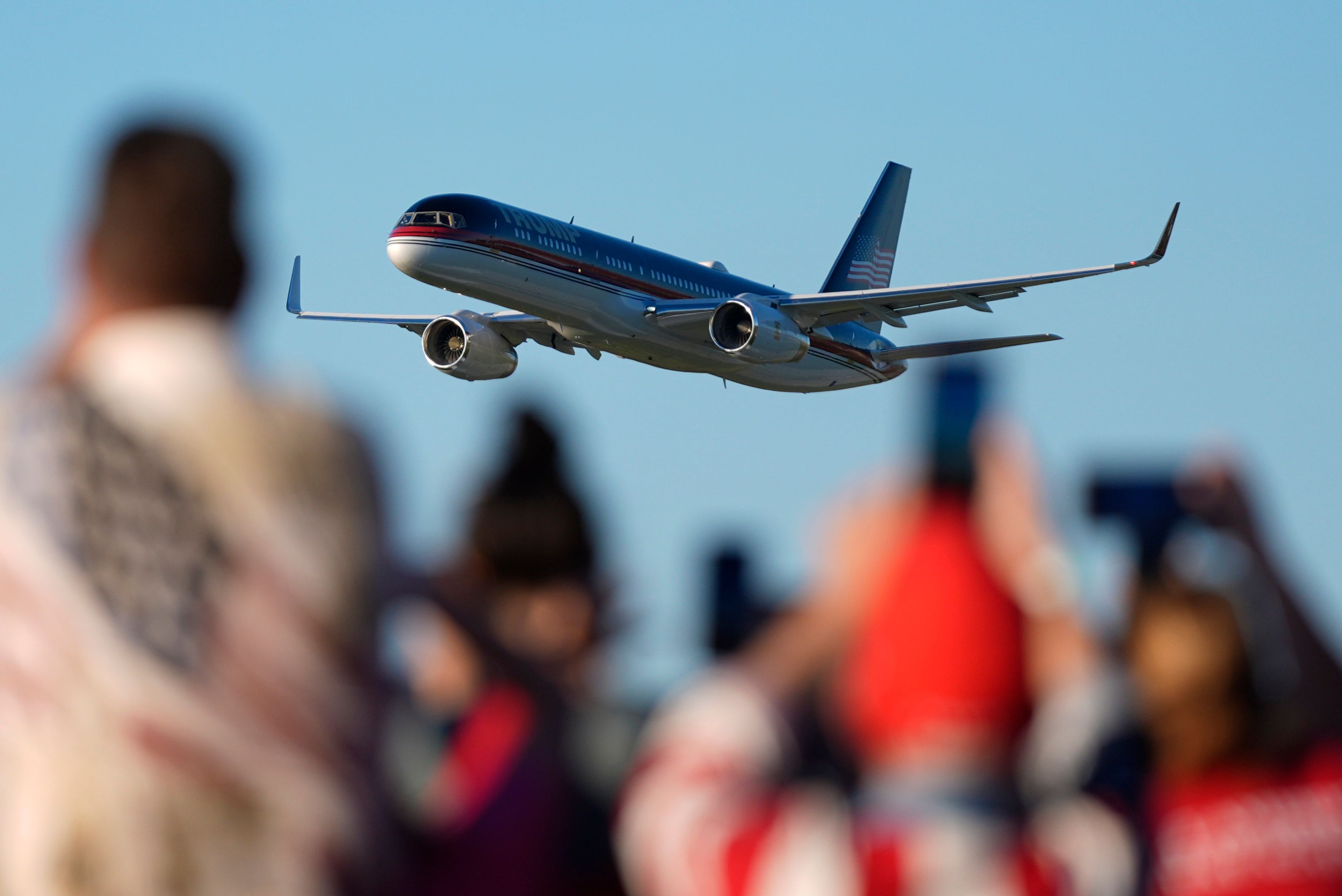 The plane carrying Republican presidential nominee former President Donald Trump arrives for a campaign rally at Arnold Palmer Regional Airport, Saturday, Oct. 19, 2024, in Latrobe, Pa. (AP Photo/Evan Vucci)