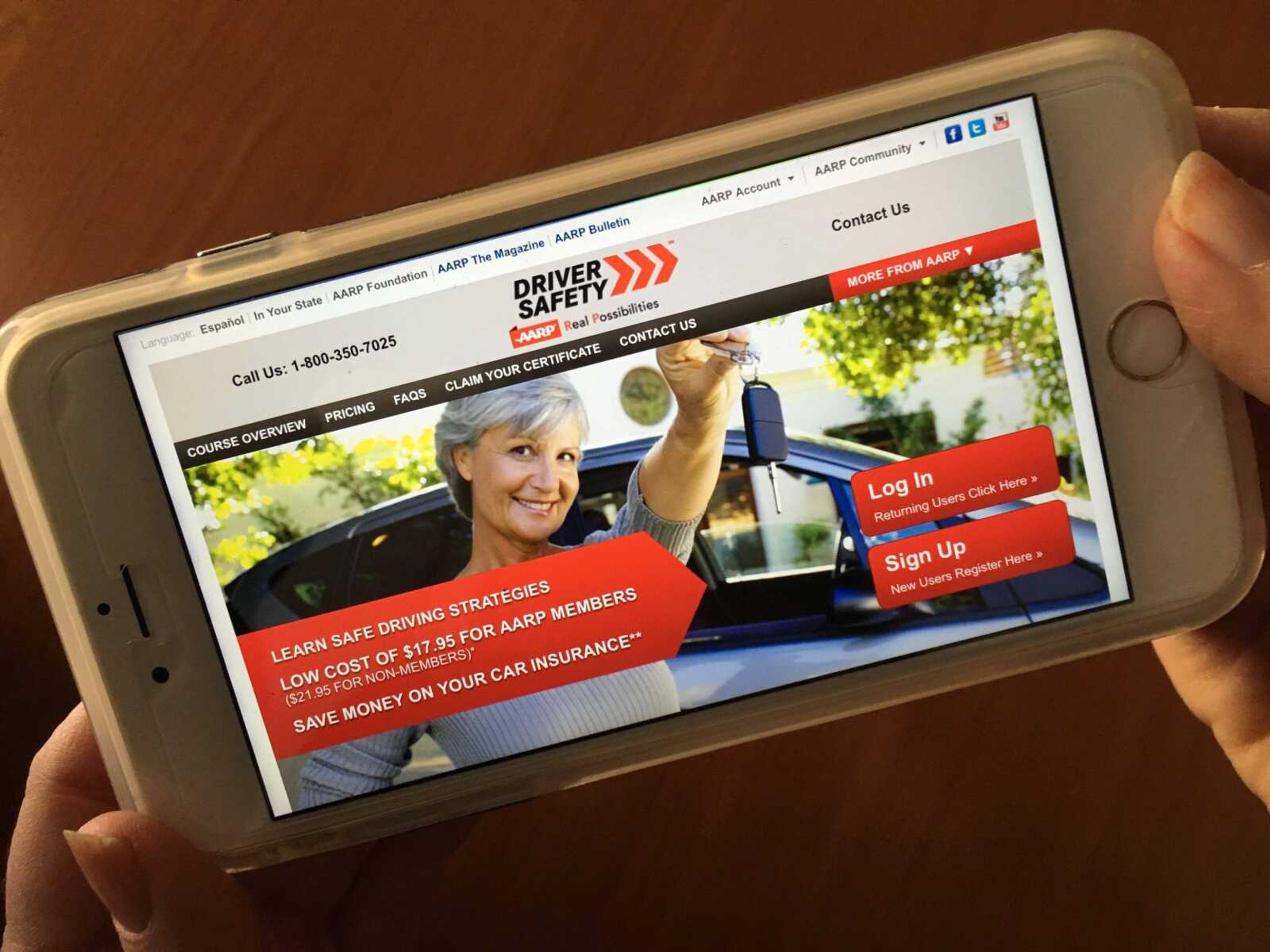 This photo shows the AARP Foundation Driver Safety application on an iPhone in Los Angeles. Safe-driving classes for older drivers can help sharpen skills and extend driving years. AARP's classes, which have been taught since 1979, reach more than 500,000 people each year. They're available online and in person, and they cost around $15 for AARP members. (Damian Dovarganes / AP Photo)