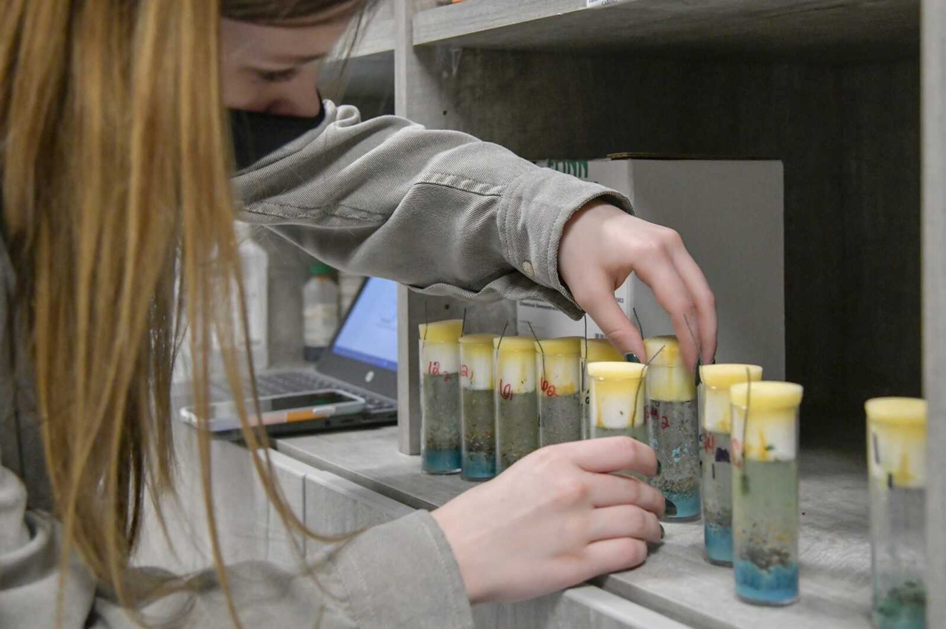 Senior Lily Hofman uses a small amount of anaesthesia to put her fruit flies to sleep so she can count them for her experiment that tests oxidation stress on the flies  reproduction during her free period at Jackson High in Jackson on Jan. 11, 2021. Hofman wants to become a gynecologist and chose her experiment to reflect her interest in the field, but cannot test on human subjects.