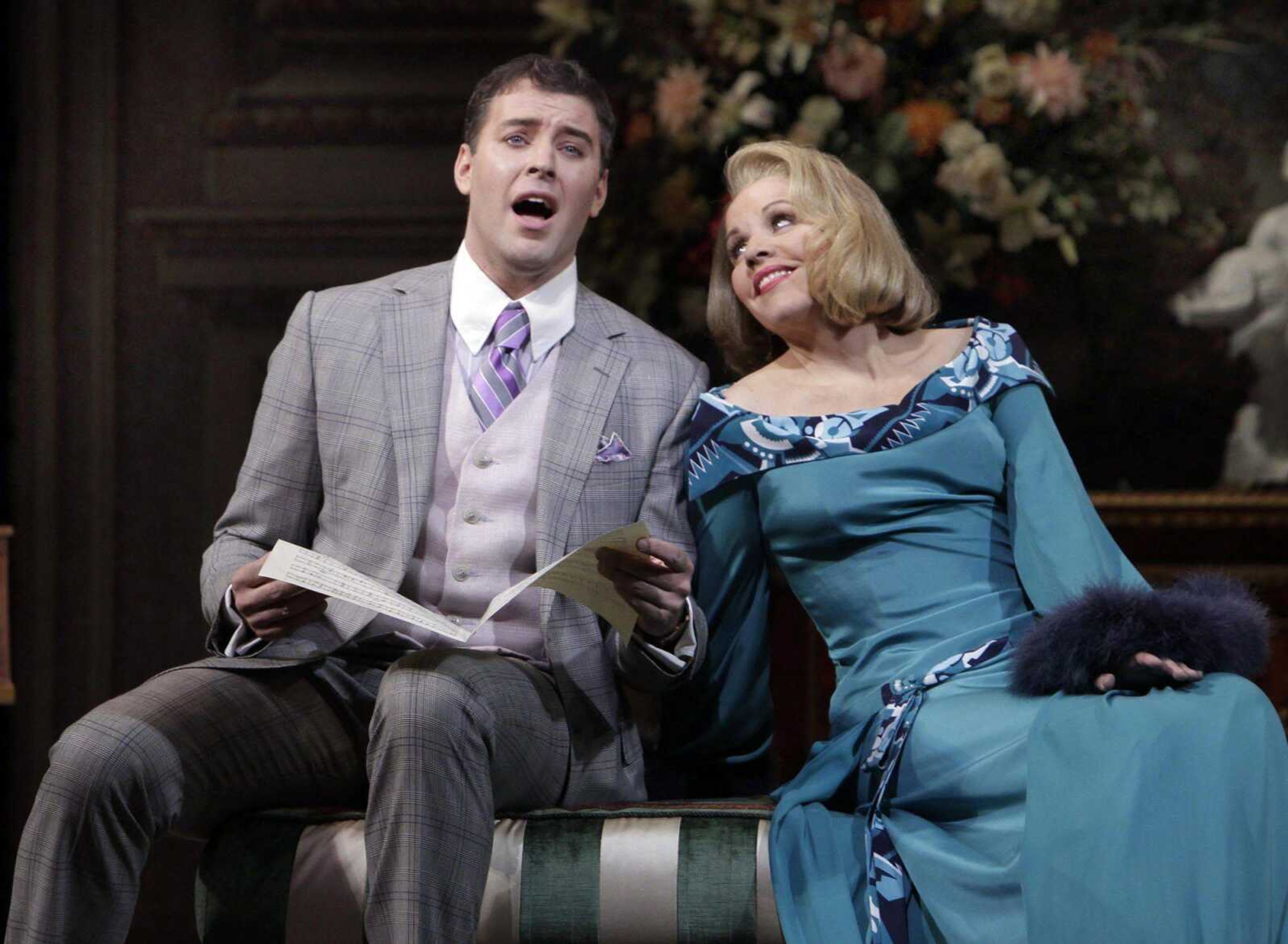 Renee Fleming, as the Countess, right, and Joseph Kaiser, as Flamand, are shown during the final dress rehearsal of Richard Strauss' "Capriccio" in the Metropolitan Opera at New York's Lincoln Center. (AP Photo/Richard Drew)