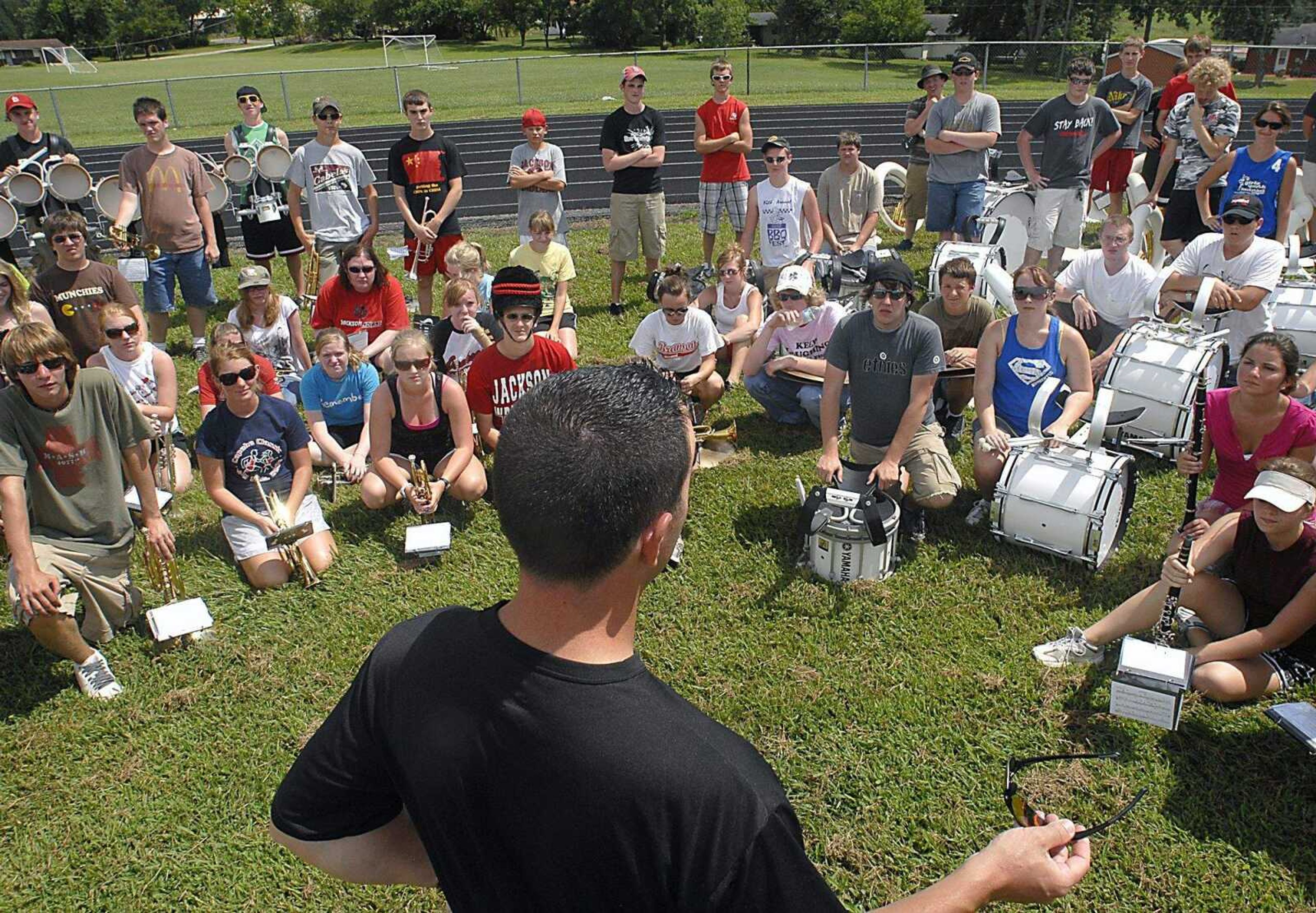 KIT DOYLE ~ kdoyle@semissourian.com
Band Director Tom Broussard, bottom, spoke to the Jackson High Marching Band Thursday afternoon, August 7, 2008, at Jackson Junior High.