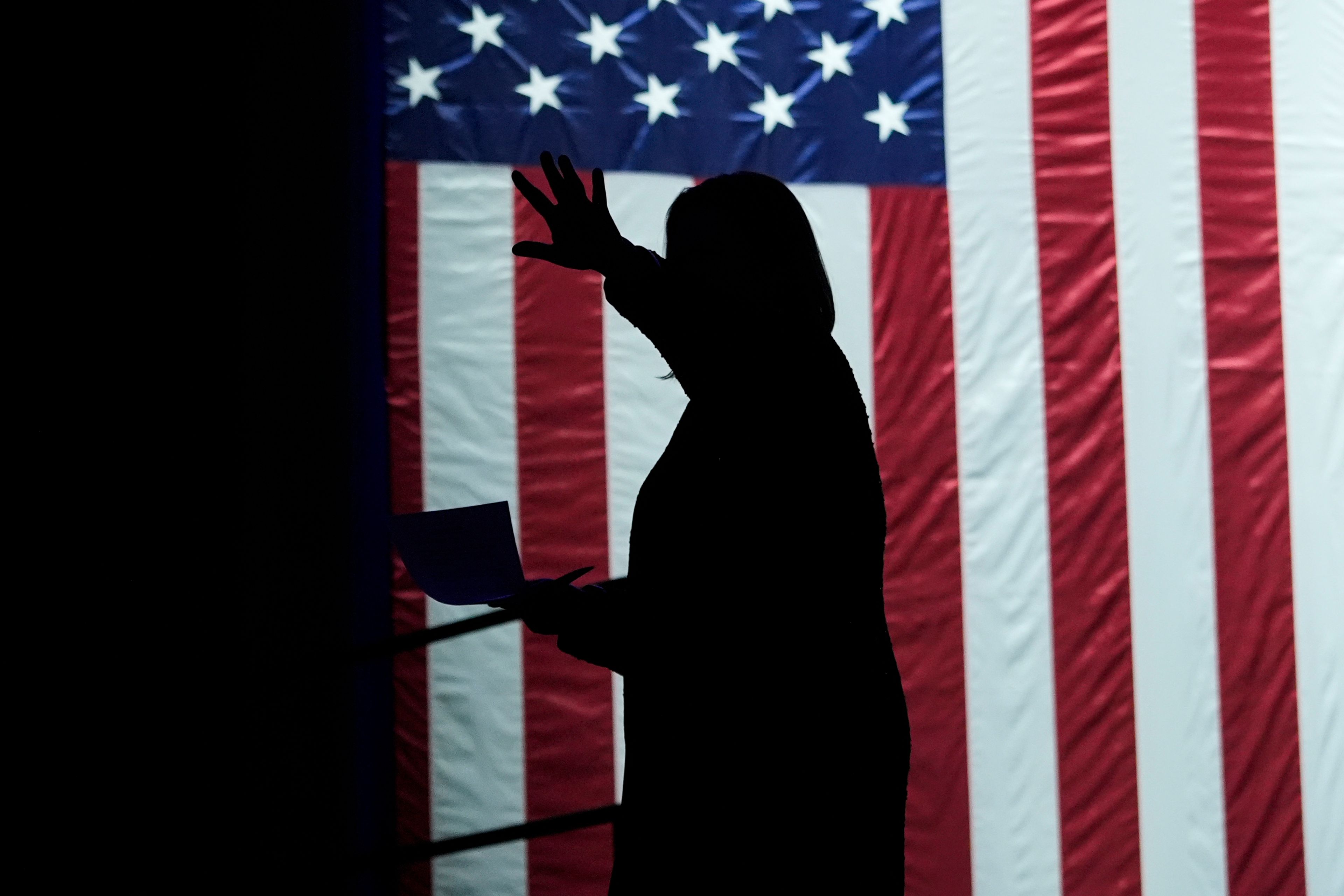 Democratic Michigan Senate candidate Rep. Elissa Slotkin leaves the stage after speaking at an election night watch party, Wednesday, Nov. 6, 2024, in Detroit. (AP Photo/Carlos Osorio)