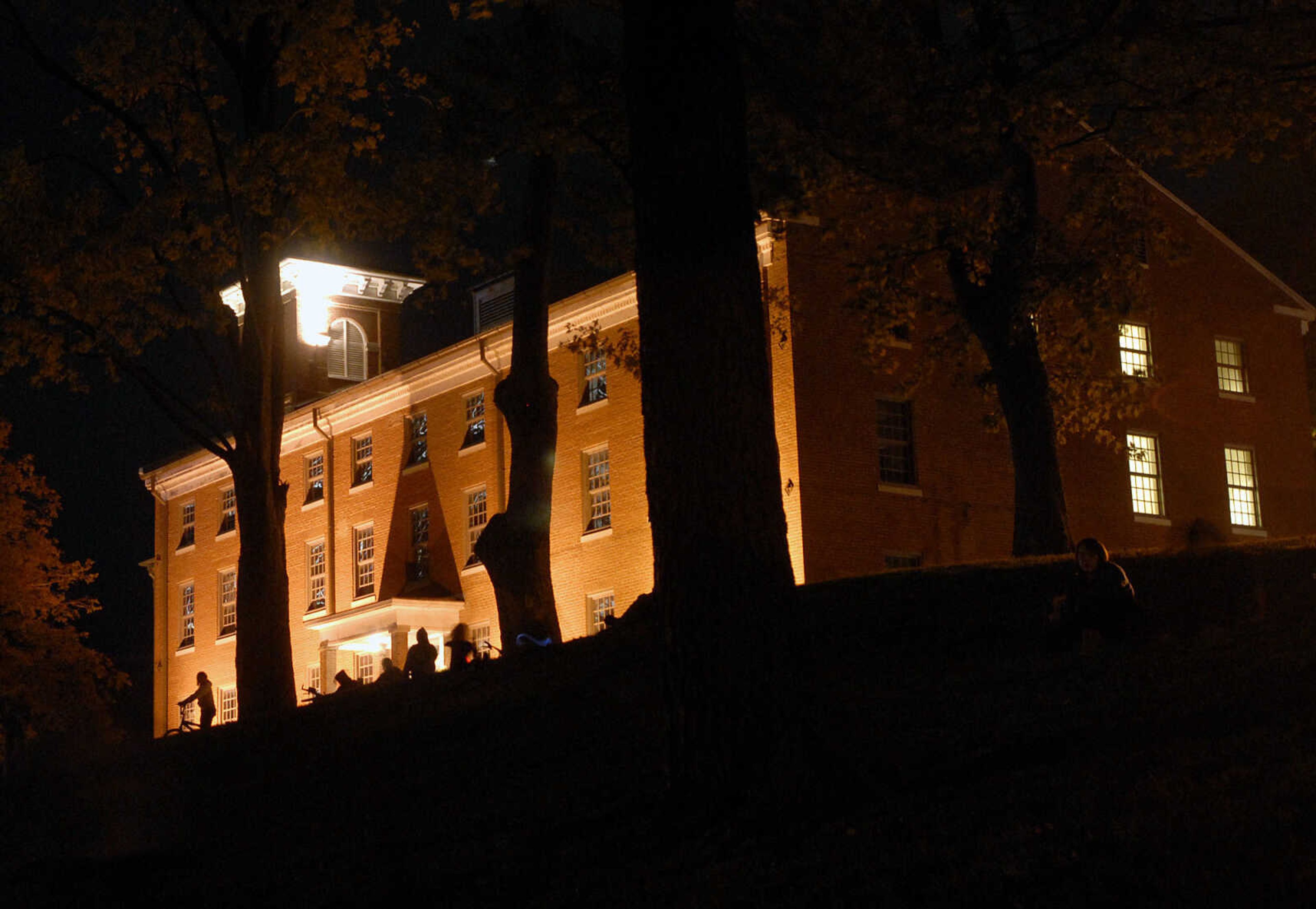 LAURA SIMON ~ lsimon@semissourian.com
The old seminary building sets atop the hill as story tellers Regina Carpenter and Gayle Ross tell bone chilling tales Friday, October 14, 2011 during an evening of Ghost Storytelling at the east lawn of the River Campus of Southeast Missouri State University in Cape Girardeau.